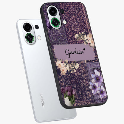 Antique Floral Whisper Custom Name Glass Case displayed in angled mockup highlighting elegant antique floral aesthetic.