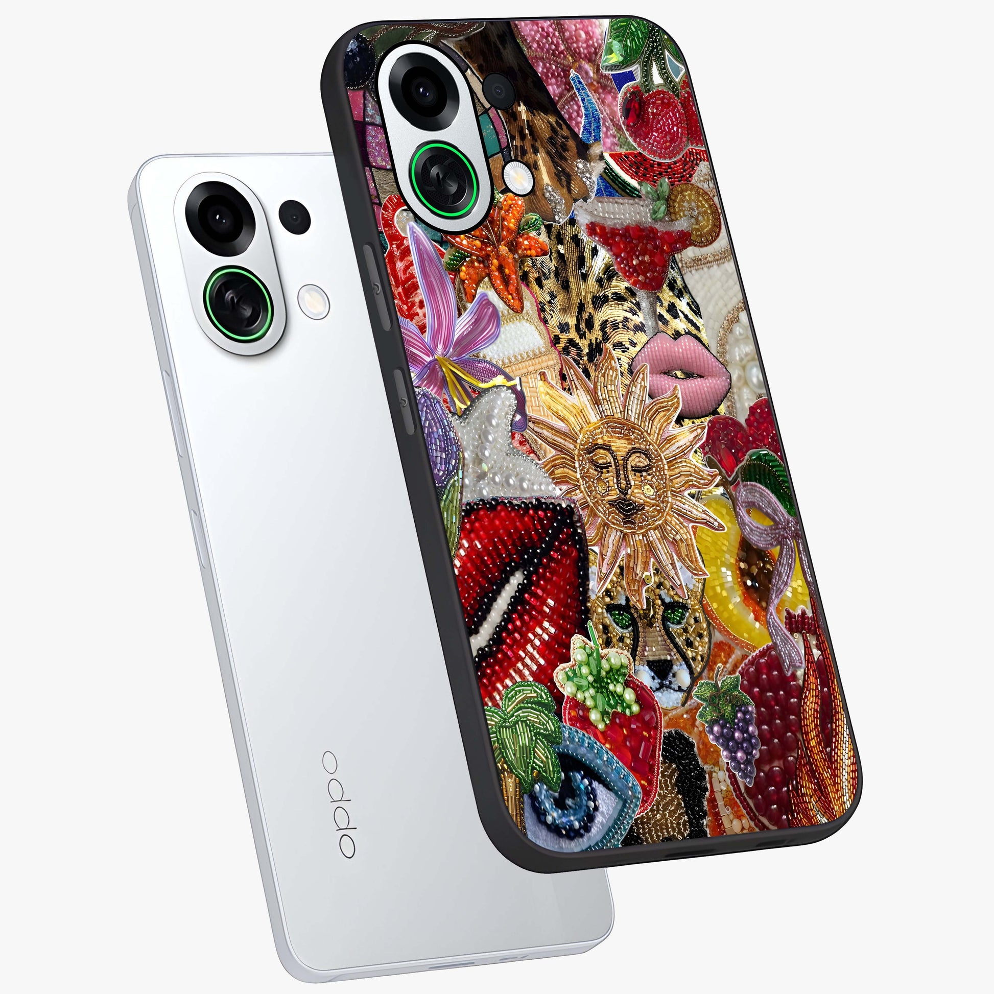 Beaded Fashion Jungle Glass Case displayed in angled mockup highlighting colorful fashion bead design and artistic pattern.