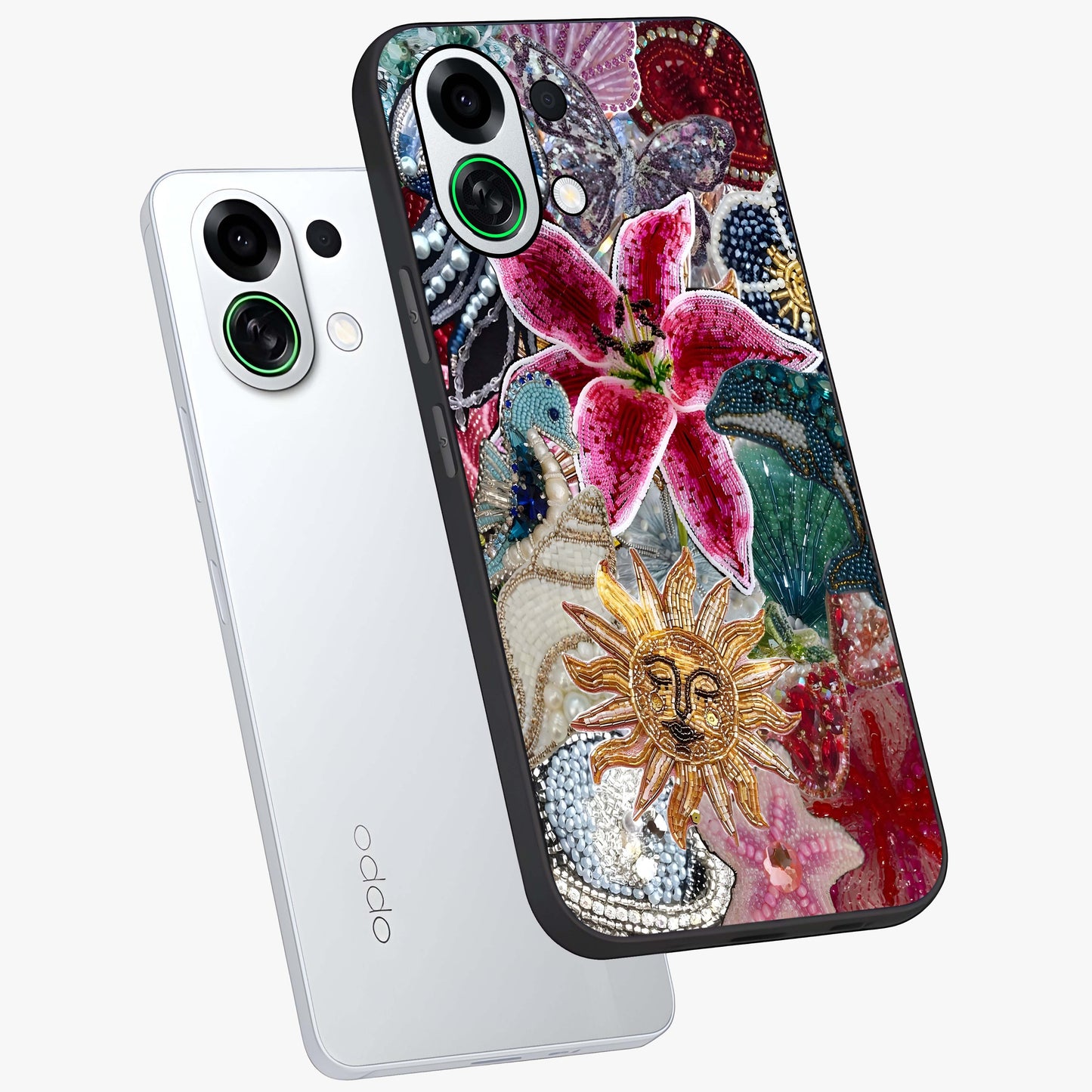 Beaded Garden Fantasy Glass Case displayed in angled mockup highlighting fantasy inspired floral bead pattern.