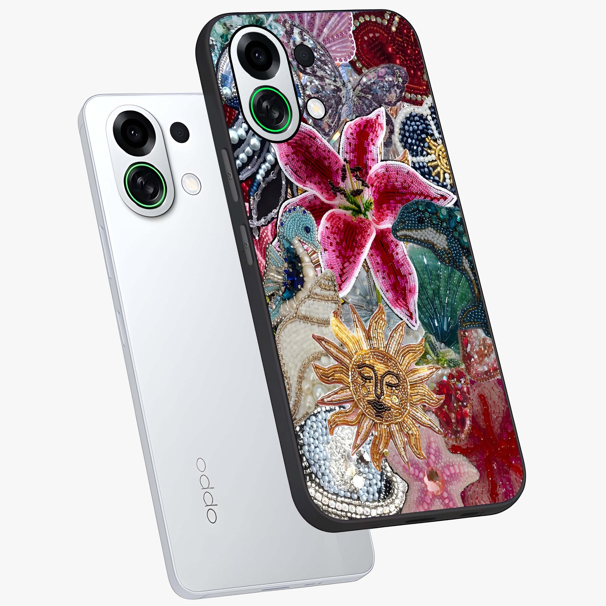 Beaded Garden Fantasy Glass Case displayed in angled mockup highlighting fantasy inspired floral bead pattern.