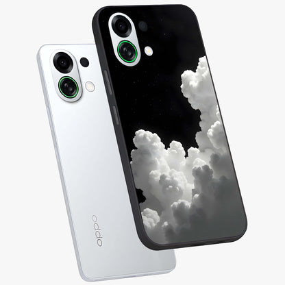 Black Background With White Cloud Glass Case displayed in angled mockup highlighting soft white cloud illustration and minimal design.