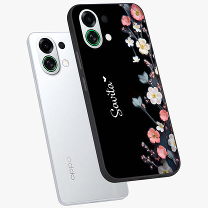 Black Elegance Floral Custom Name Glass Case displayed in angled mockup highlighting dark floral aesthetic and custom name feature.