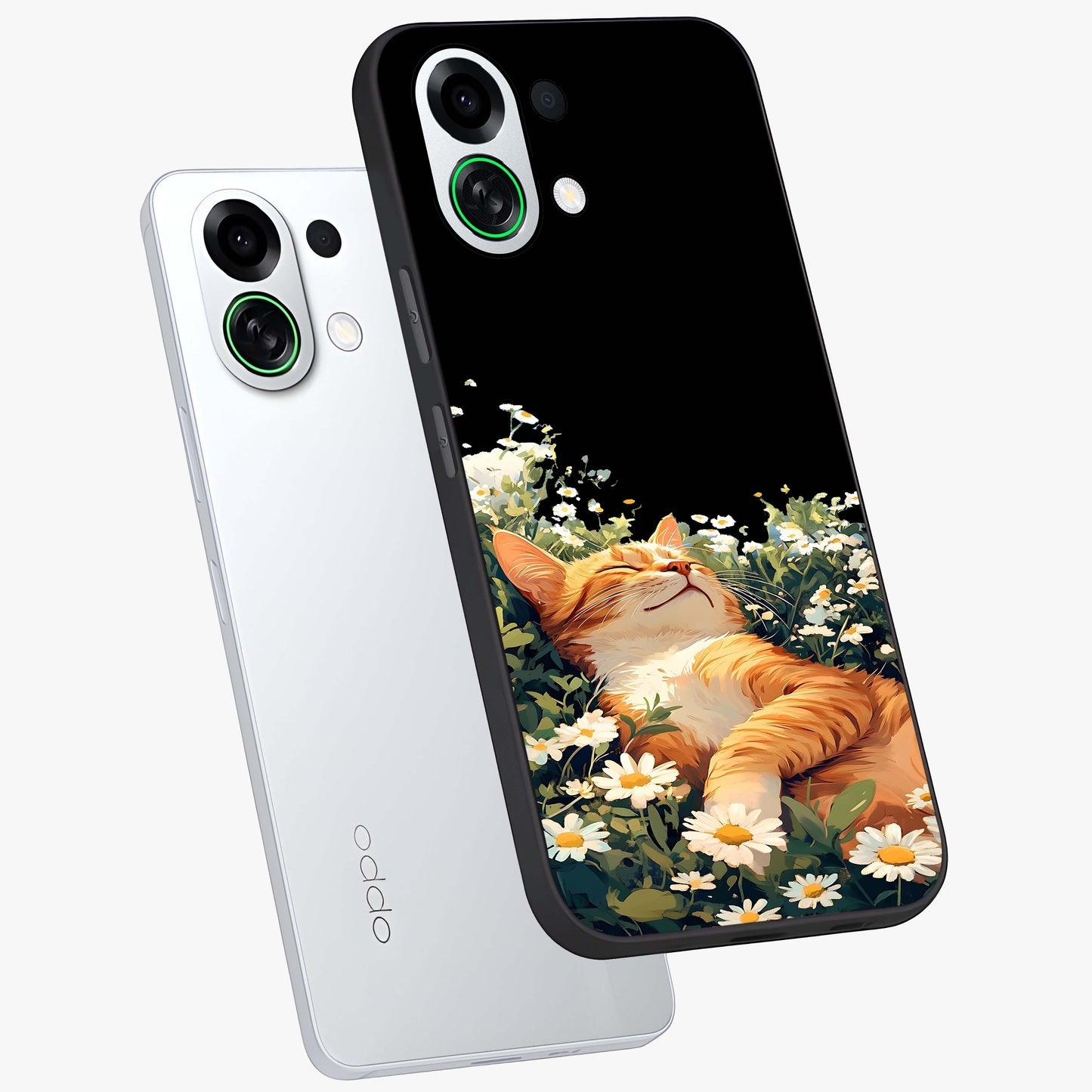 Blissful Bloom Cat Glass Case displayed in angled mockup highlighting playful feline illustration with soft floral aesthetic.