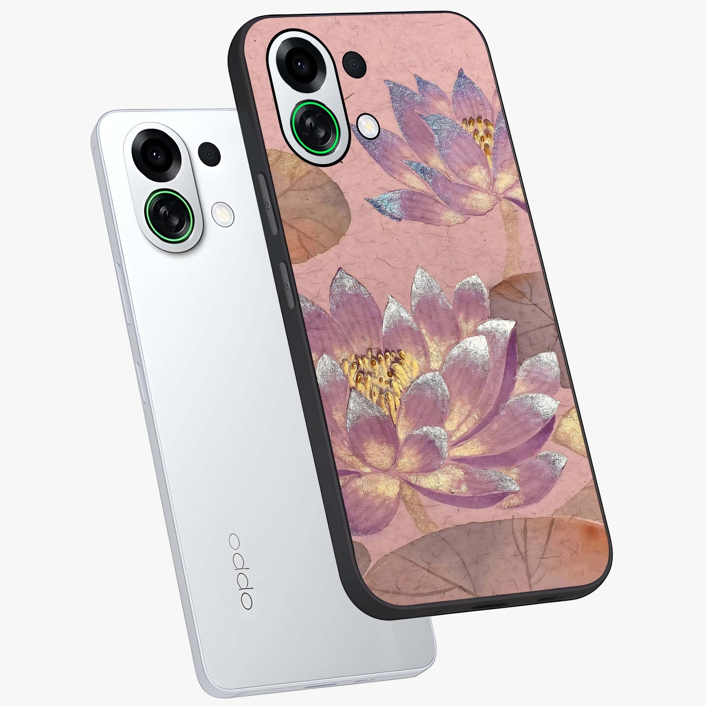 Blossom Mist Lotus Glass Case displayed in angled mockup highlighting delicate lotus illustration with calm aesthetic theme.