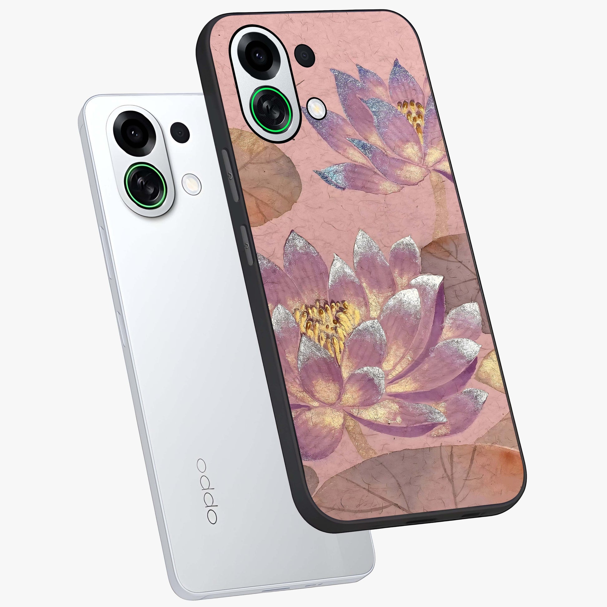 Blossom Mist Lotus Glass Case displayed in angled mockup highlighting delicate lotus illustration with calm aesthetic theme.