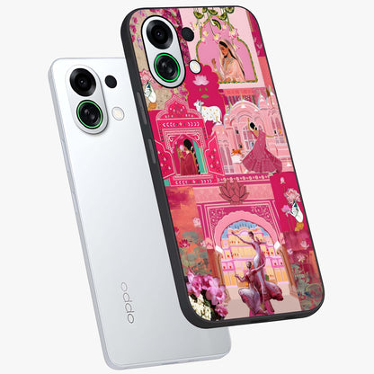 Blossoms of Rajasthan Glass Case displayed in angled mockup highlighting vibrant floral pattern with cultural aesthetic style.