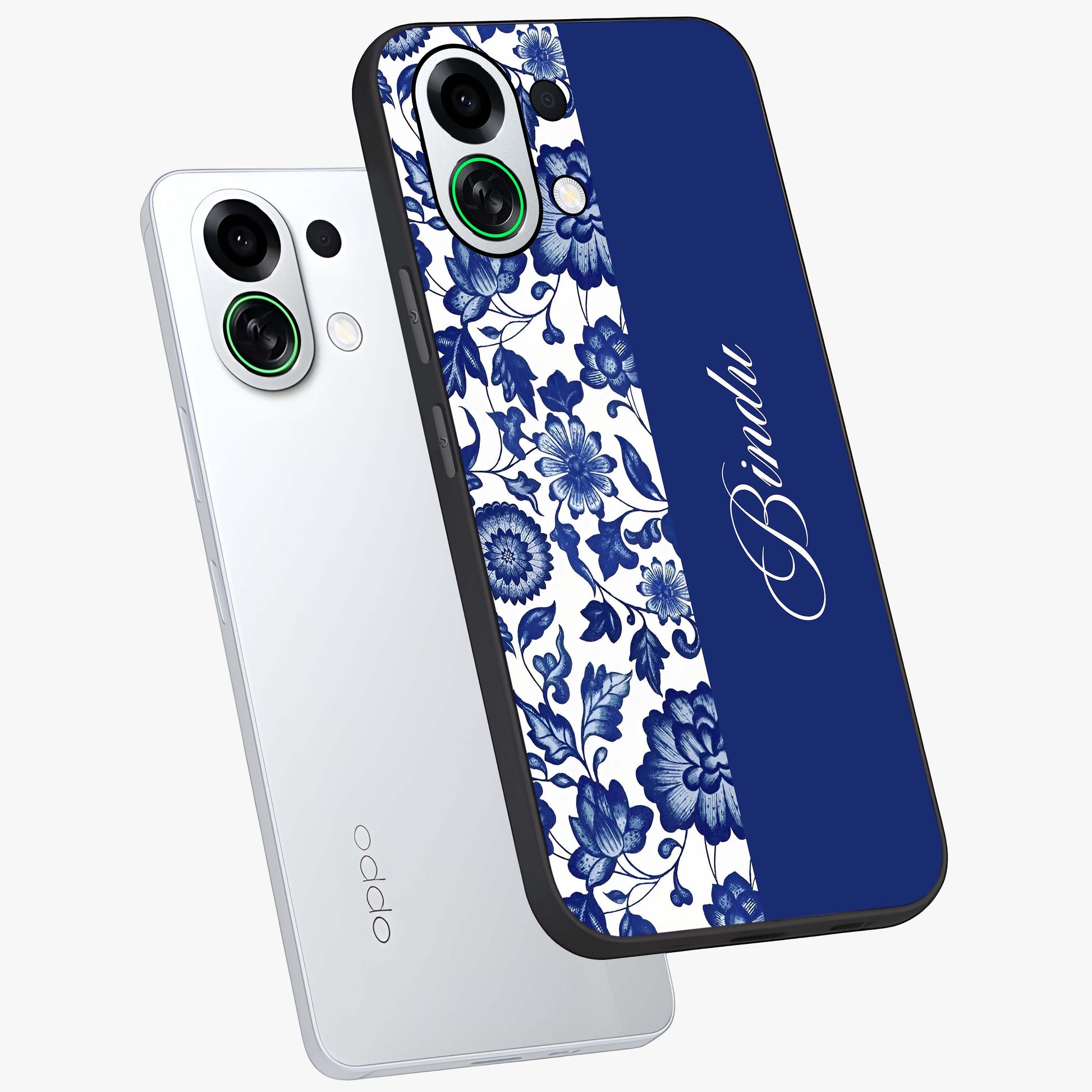 Blue Vintage Floral Pattern Glass Case displayed in angled mockup highlighting subtle bloom pattern with aesthetic pastel design.