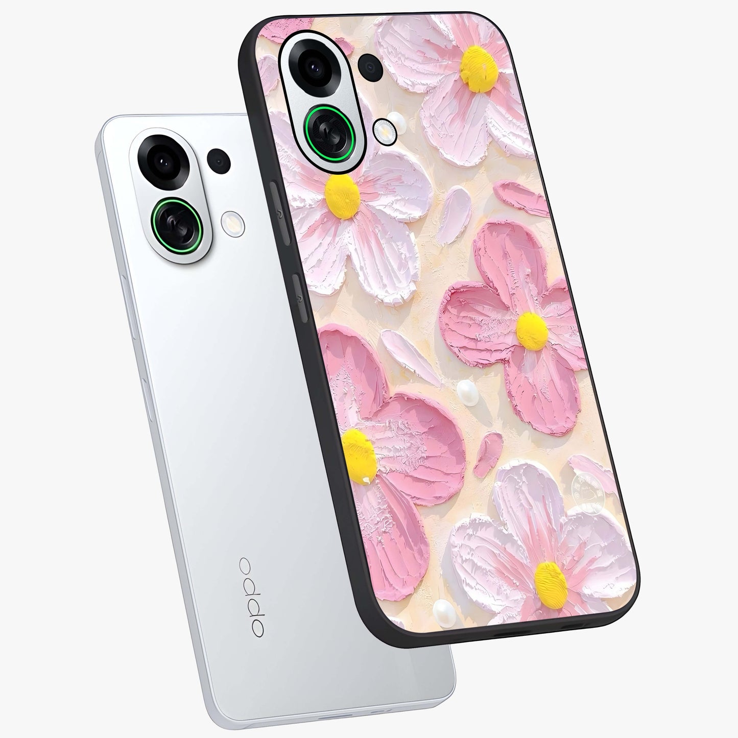 Blush Bloom Texture Glass Case displayed in angled mockup highlighting subtle bloom pattern with aesthetic pastel design.