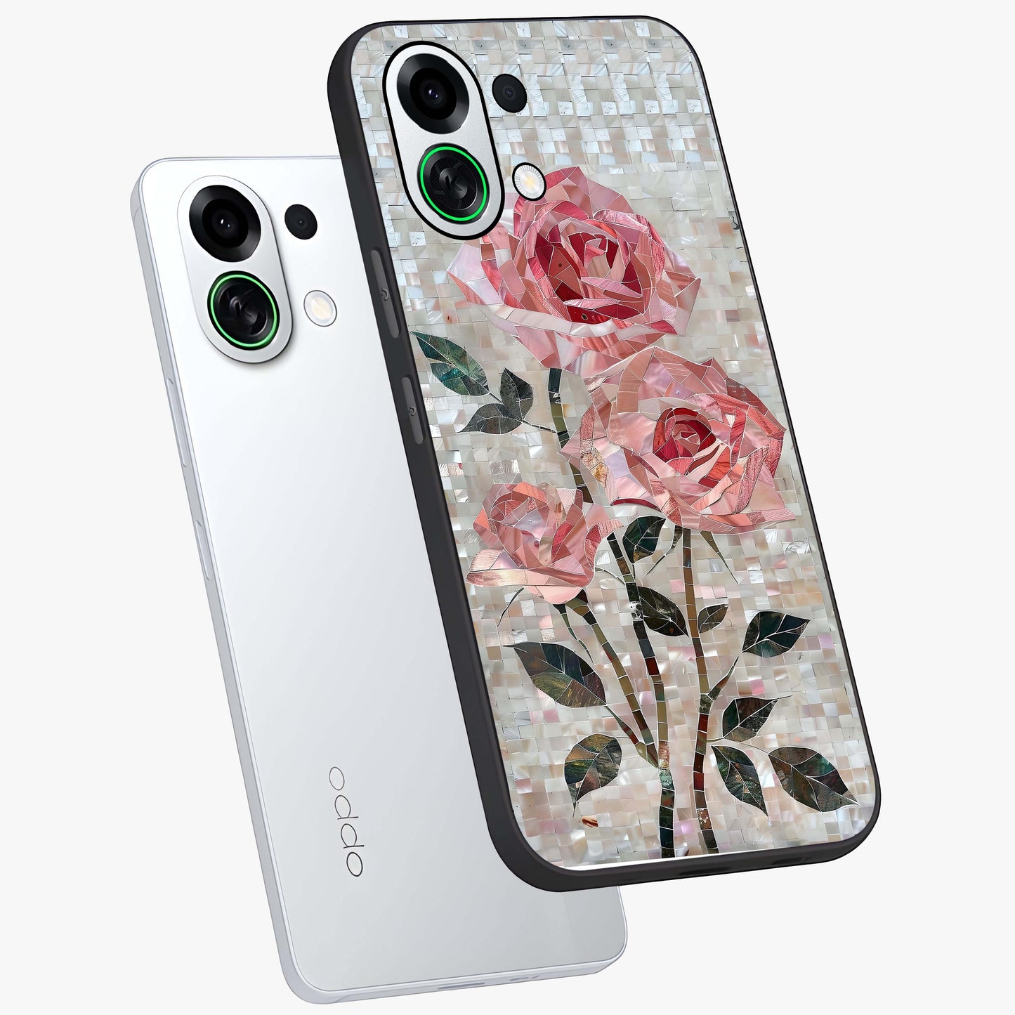 Blush Mosaic Bloom Glass Case displayed in angled mockup highlighting artistic mosaic flower pattern with aesthetic design.
