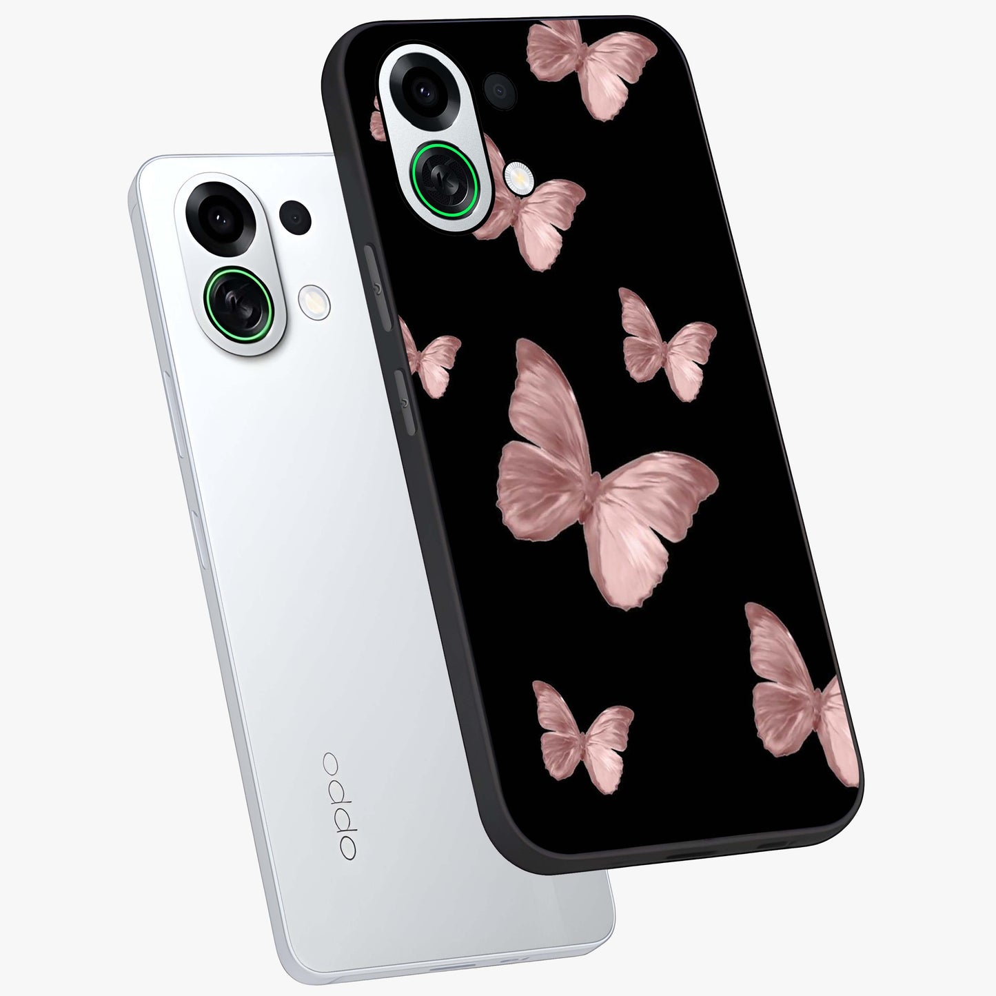 Butterfly Pattern Glass Case displayed in angled mockup highlighting delicate butterfly design and aesthetic pattern style.