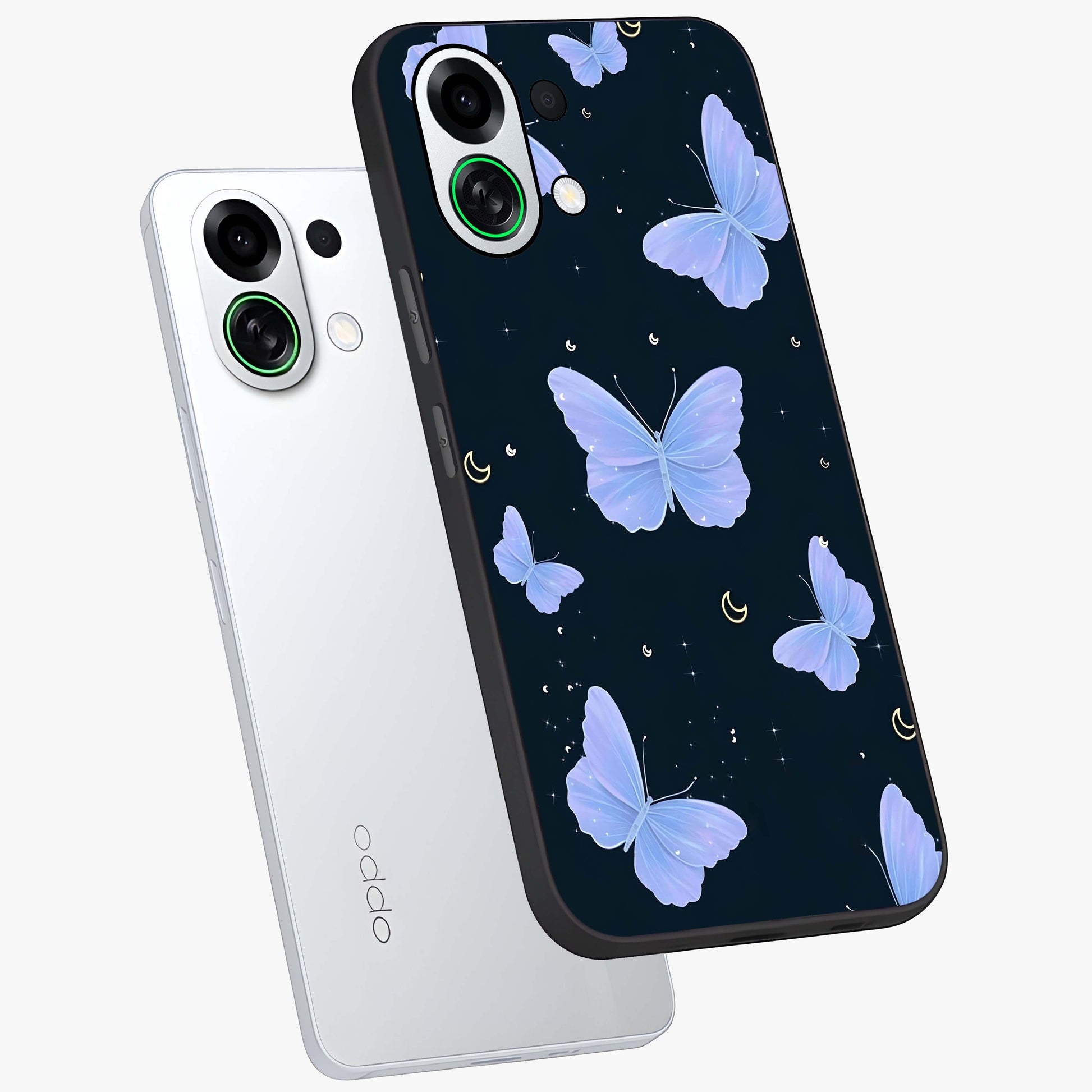 Butterfly With Stars Pattern Glass Case displayed in angled mockup highlighting dreamy butterfly and star design with aesthetic theme.