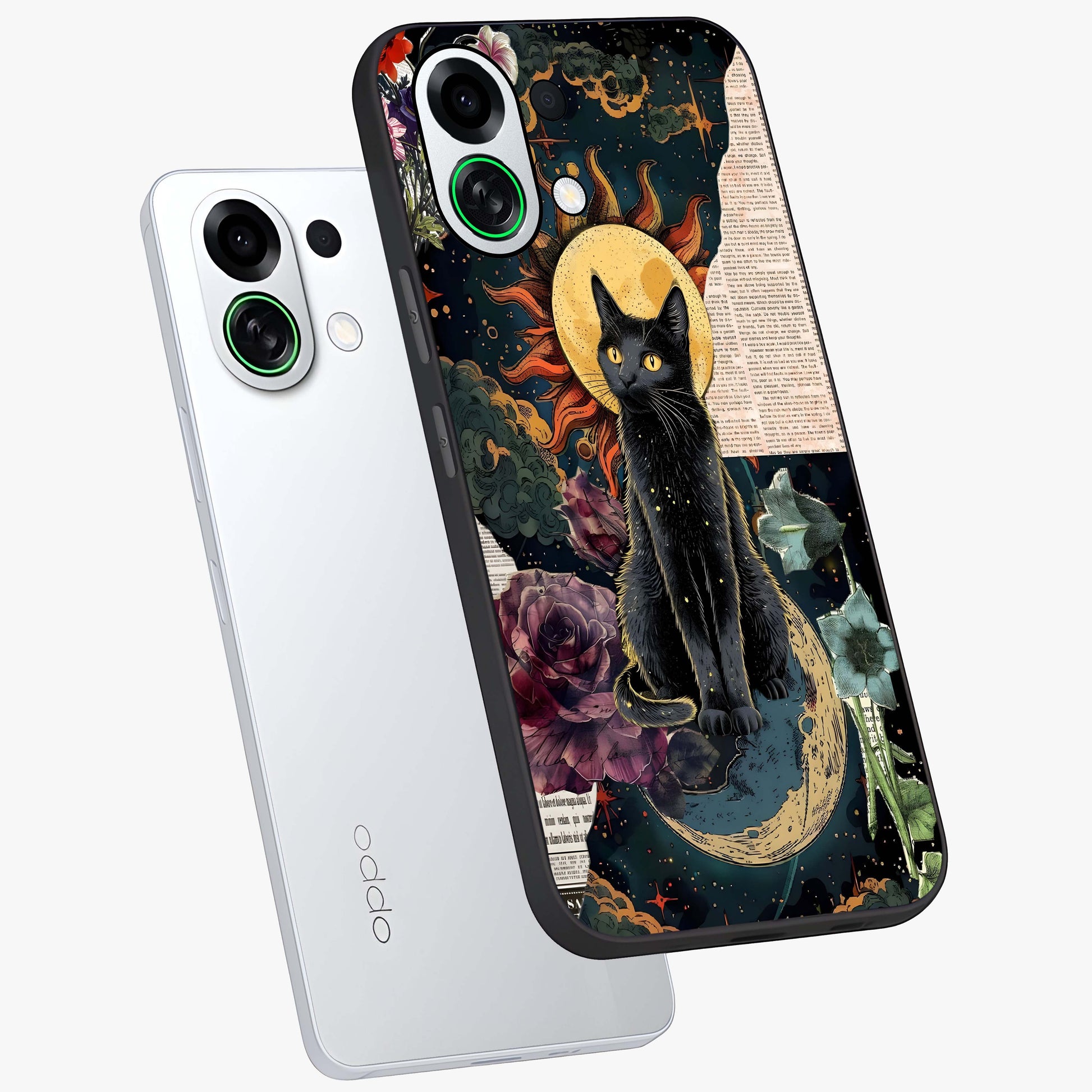 Celestial Black Cat Glass Case displayed in angled mockup highlighting cosmic black cat design with celestial aesthetic.