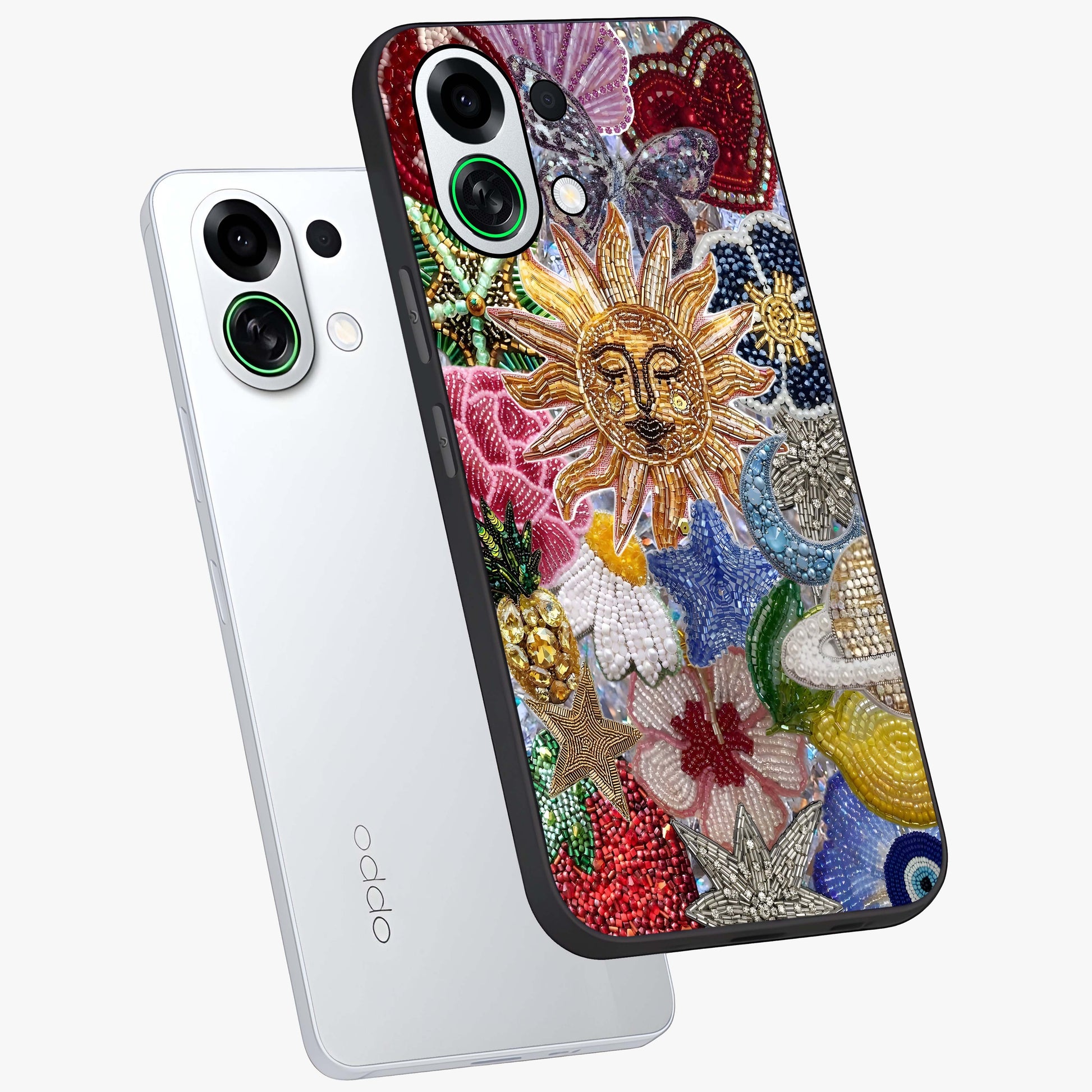 Celestial Floral and Playful Glass Case displayed in angled mockup highlighting playful floral design with dreamy celestial elements.