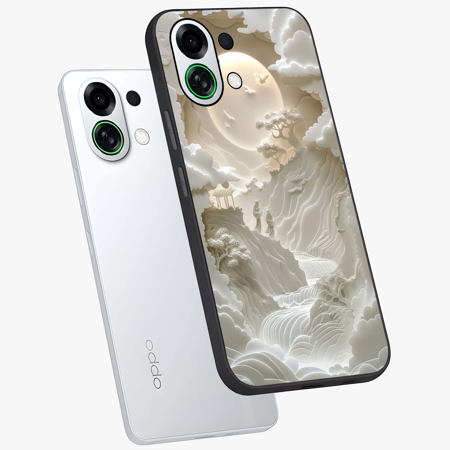 Celestial Origami Glass Case displayed in angled mockup highlighting geometric origami design with cosmic aesthetic theme.