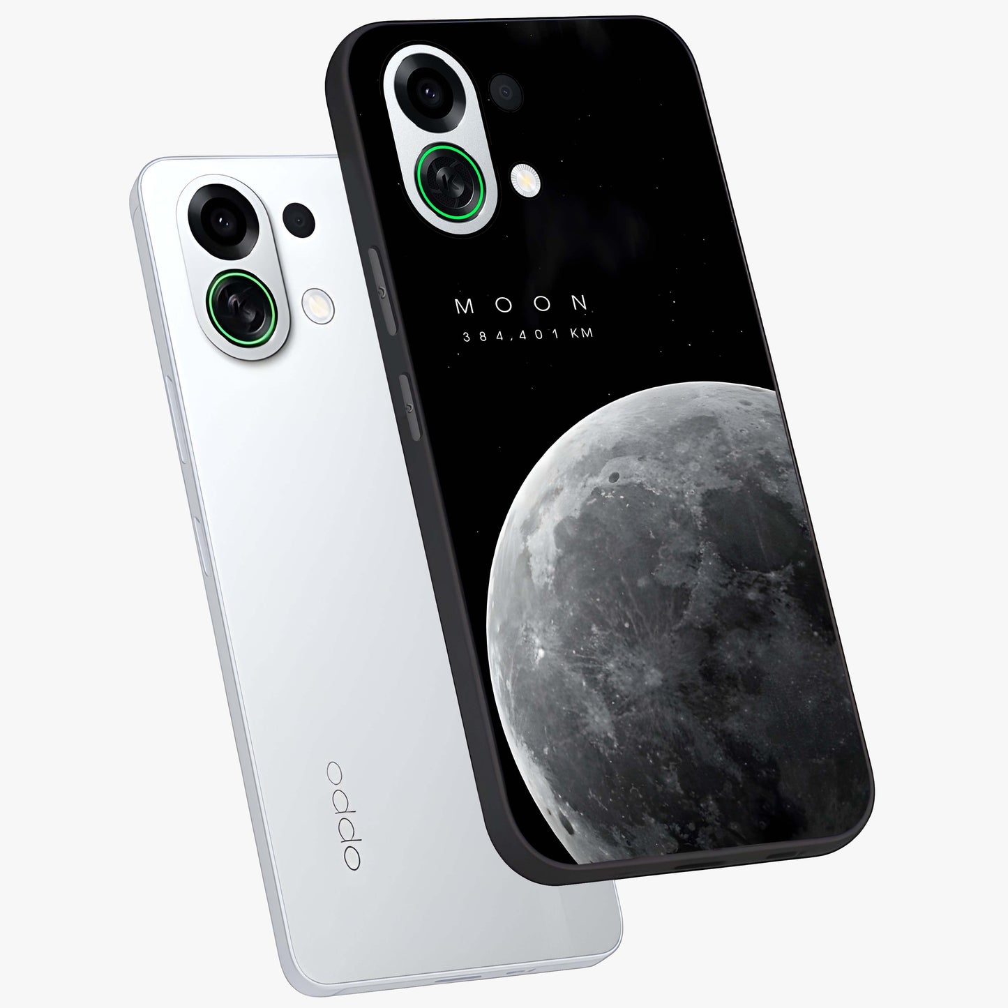 Cosmic Moon Glow Glass Case displayed in angled mockup highlighting celestial moon design with cosmic aesthetic theme.