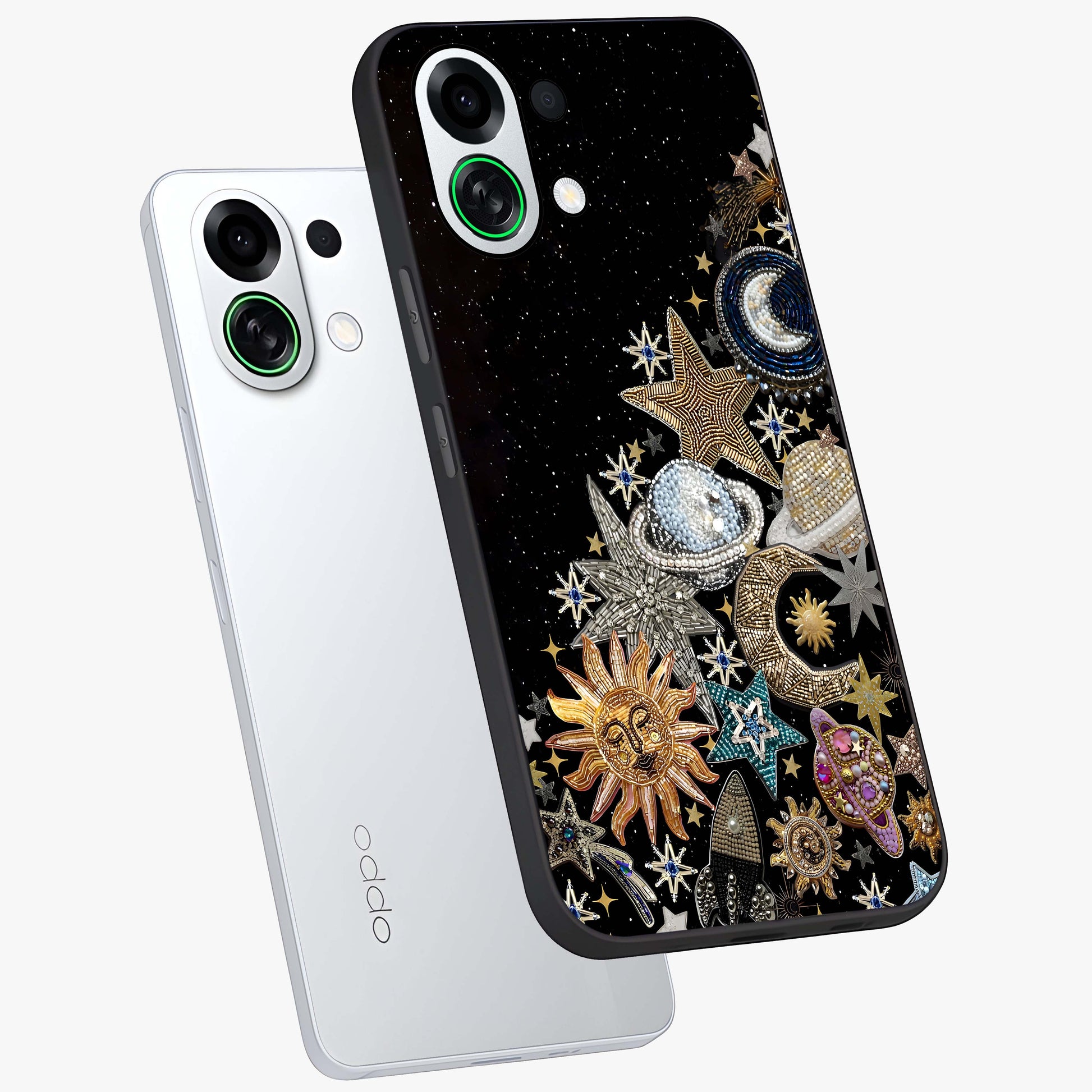 Cosmic Sparkle Dreams Glass Case displayed in angled mockup highlighting dreamy star sparkle design with celestial aesthetic.