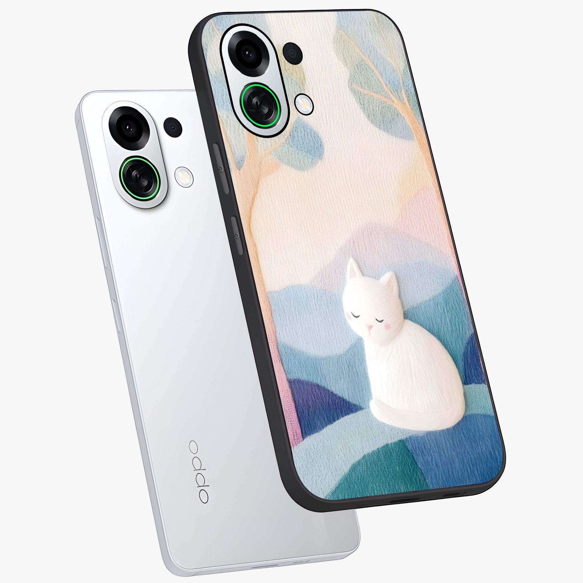 Cotton Dream Cat Glass Case displayed in angled mockup highlighting cute feline illustration with pastel aesthetic style.