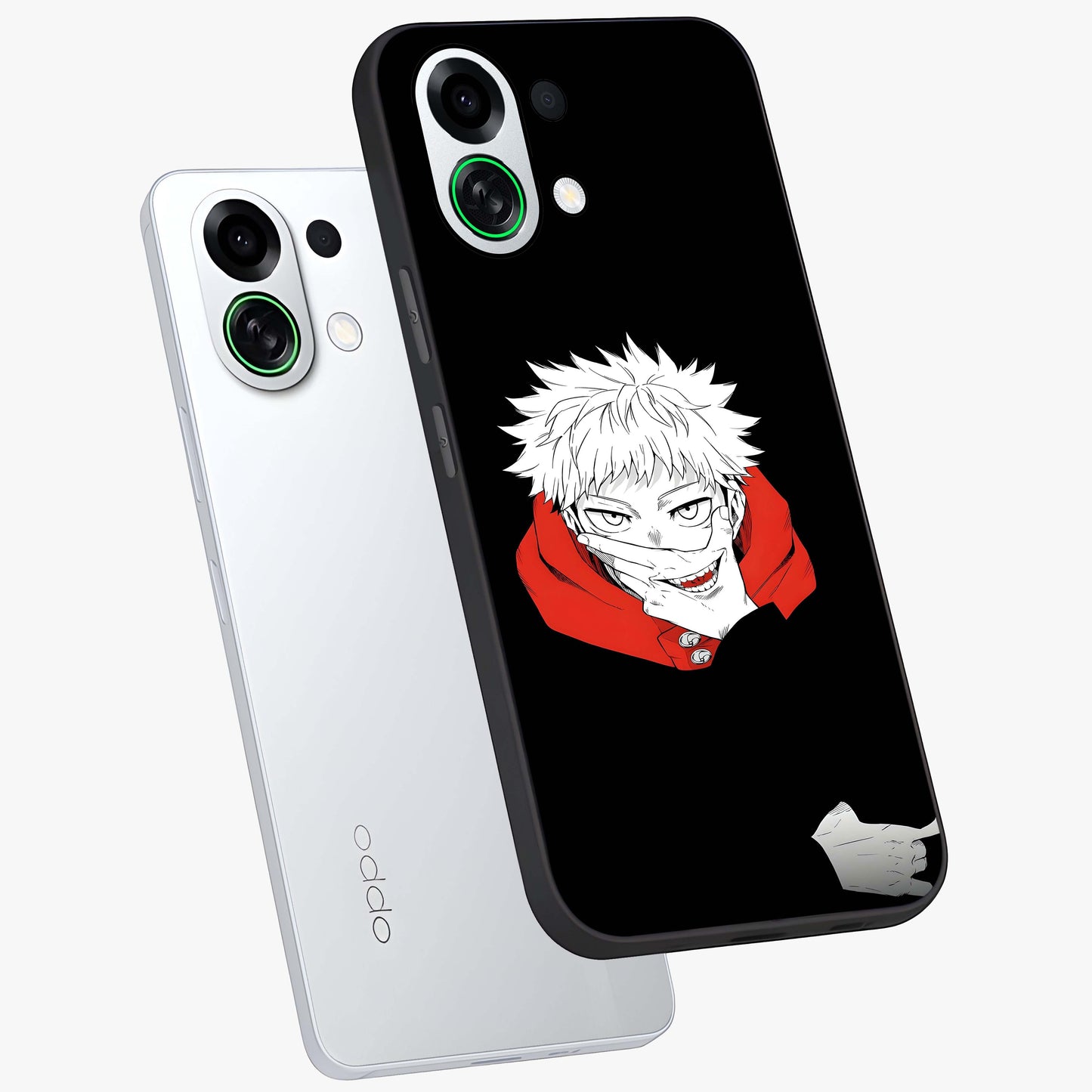 Crimson Chaos Smile Glass Case displayed in angled mockup highlighting edgy crimson smile design with graphic aesthetic.