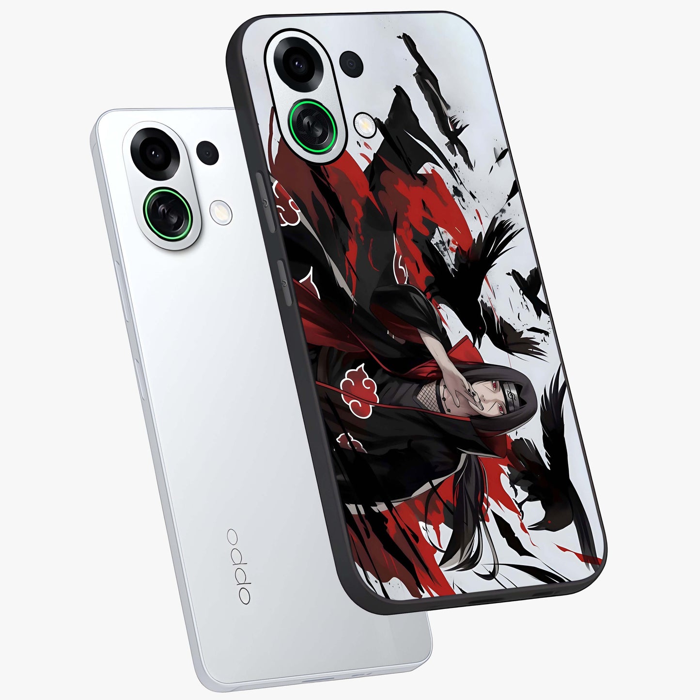 Crimson Crow Illusion Glass Case displayed in angled mockup highlighting mysterious crow graphic with dark aesthetic style.