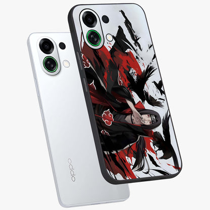 Crimson Crow Illusion Glass Case displayed in angled mockup highlighting mysterious crow graphic with dark aesthetic style.