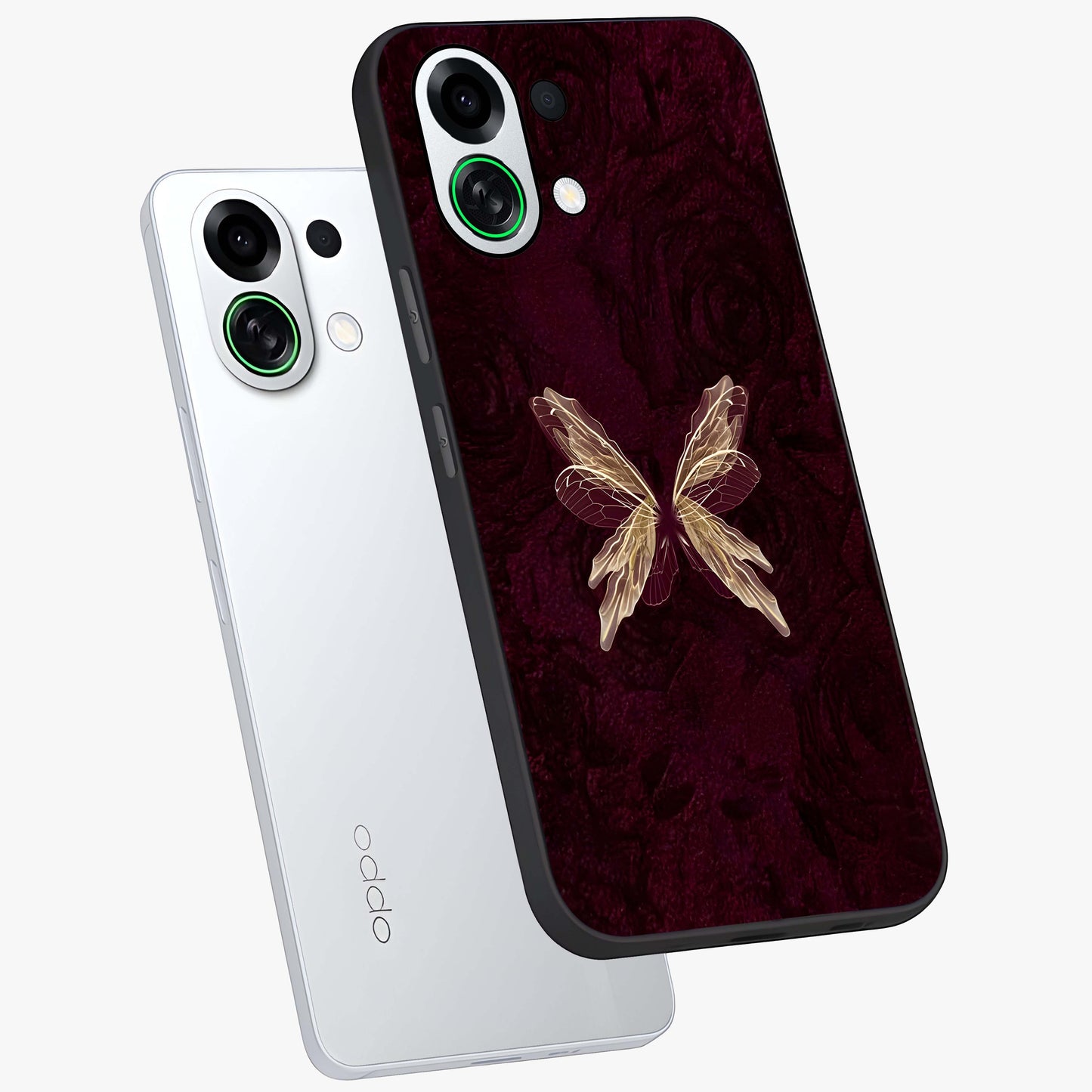 Crimson Fade Butterfly Glass Case displayed in angled mockup highlighting elegant butterfly design with crimson gradient aesthetic.