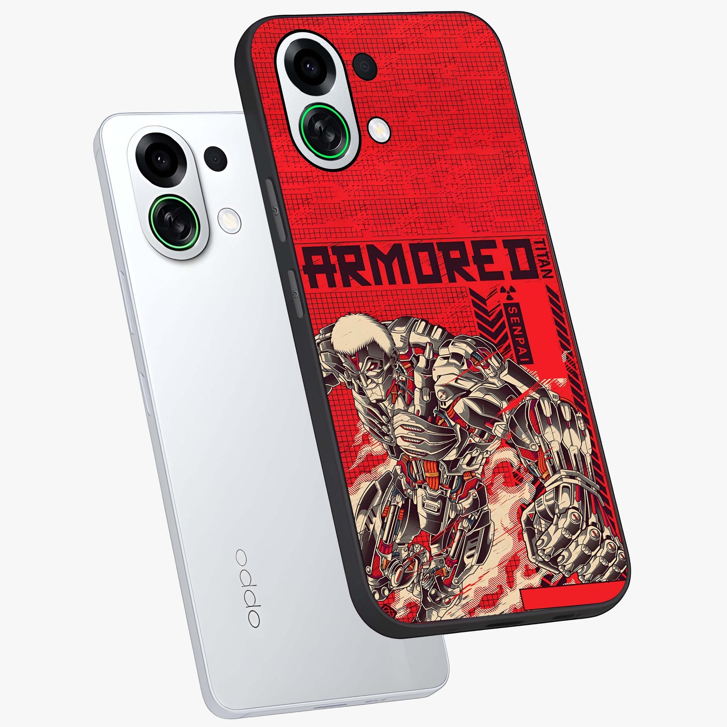 Crimson Mecha Titan Glass Case displayed in angled mockup highlighting futuristic mech illustration with bold crimson aesthetic.