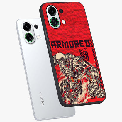 Crimson Mecha Titan Glass Case displayed in angled mockup highlighting futuristic mech illustration with bold crimson aesthetic.