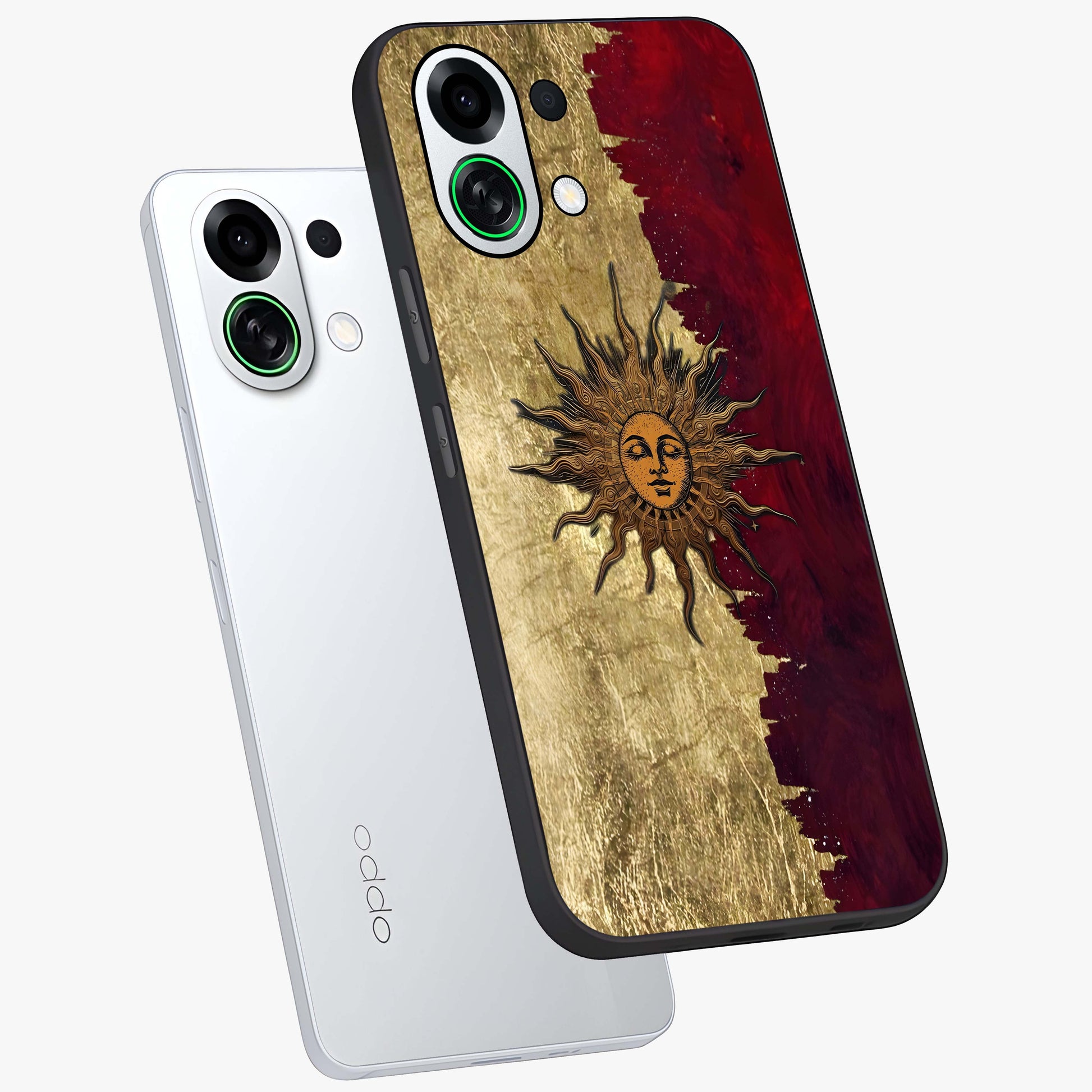 Crimson Sun Majesty Glass Case displayed in angled mockup highlighting majestic crimson sun design with bold aesthetic style.