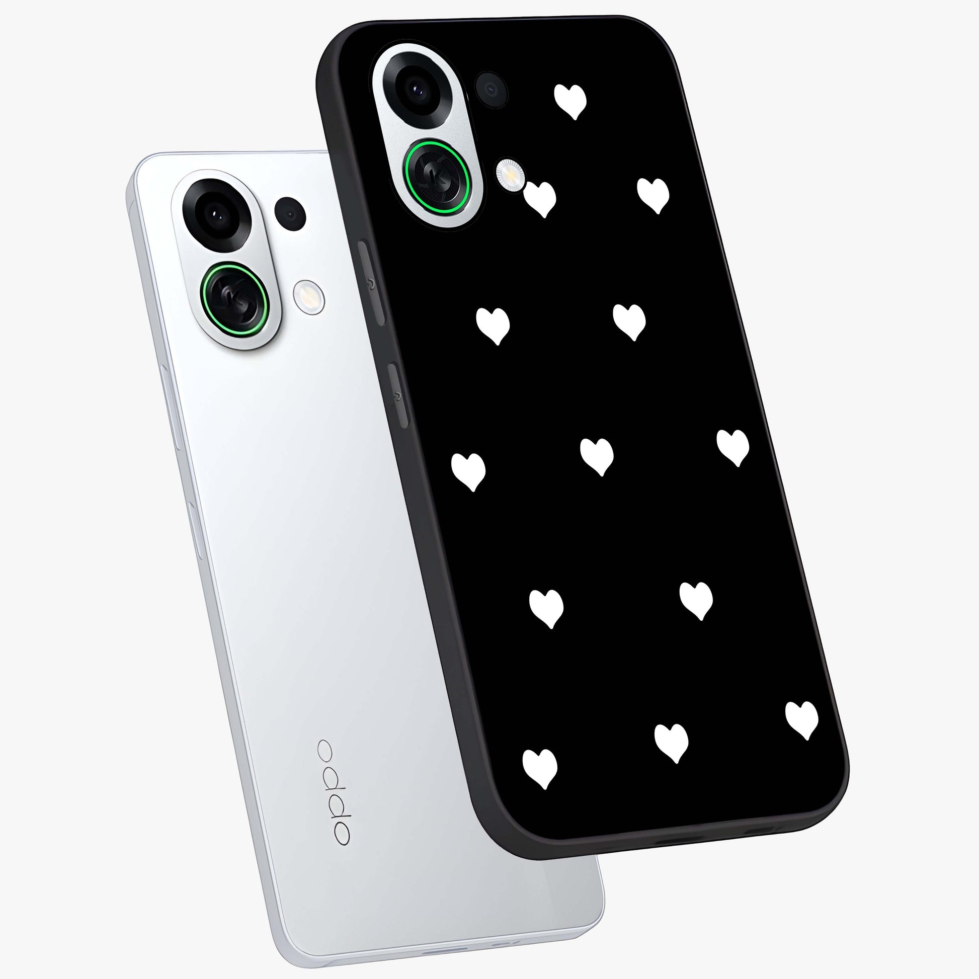 Cute And Simple White Hearts Glass Case displayed in angled mockup highlighting cute heart design with clean aesthetic style.
