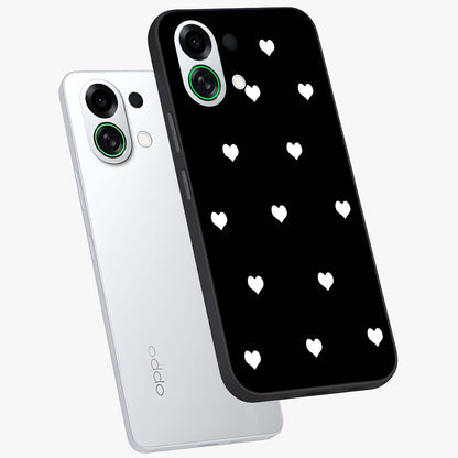 Cute And Simple White Hearts Glass Case displayed in angled mockup highlighting cute heart design with clean aesthetic style.