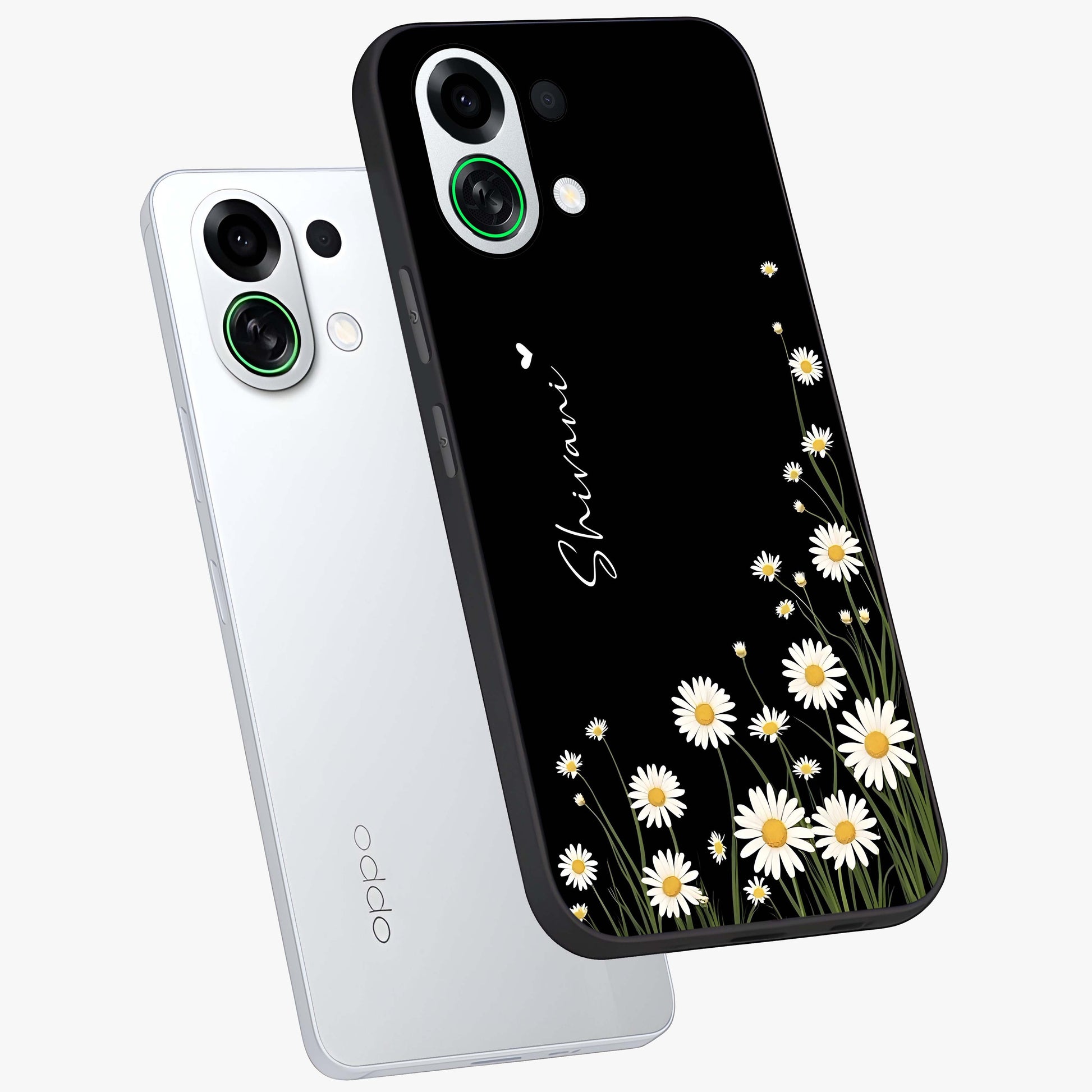 Daisy Cascade Custom Name Glass Case displayed in angled mockup highlighting delicate daisy artwork with custom name feature.