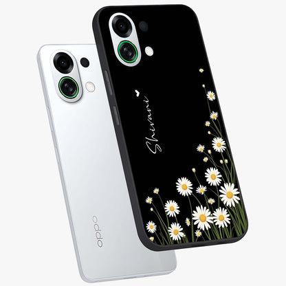 Daisy Cascade Custom Name Glass Case displayed in angled mockup highlighting delicate daisy artwork with custom name feature.