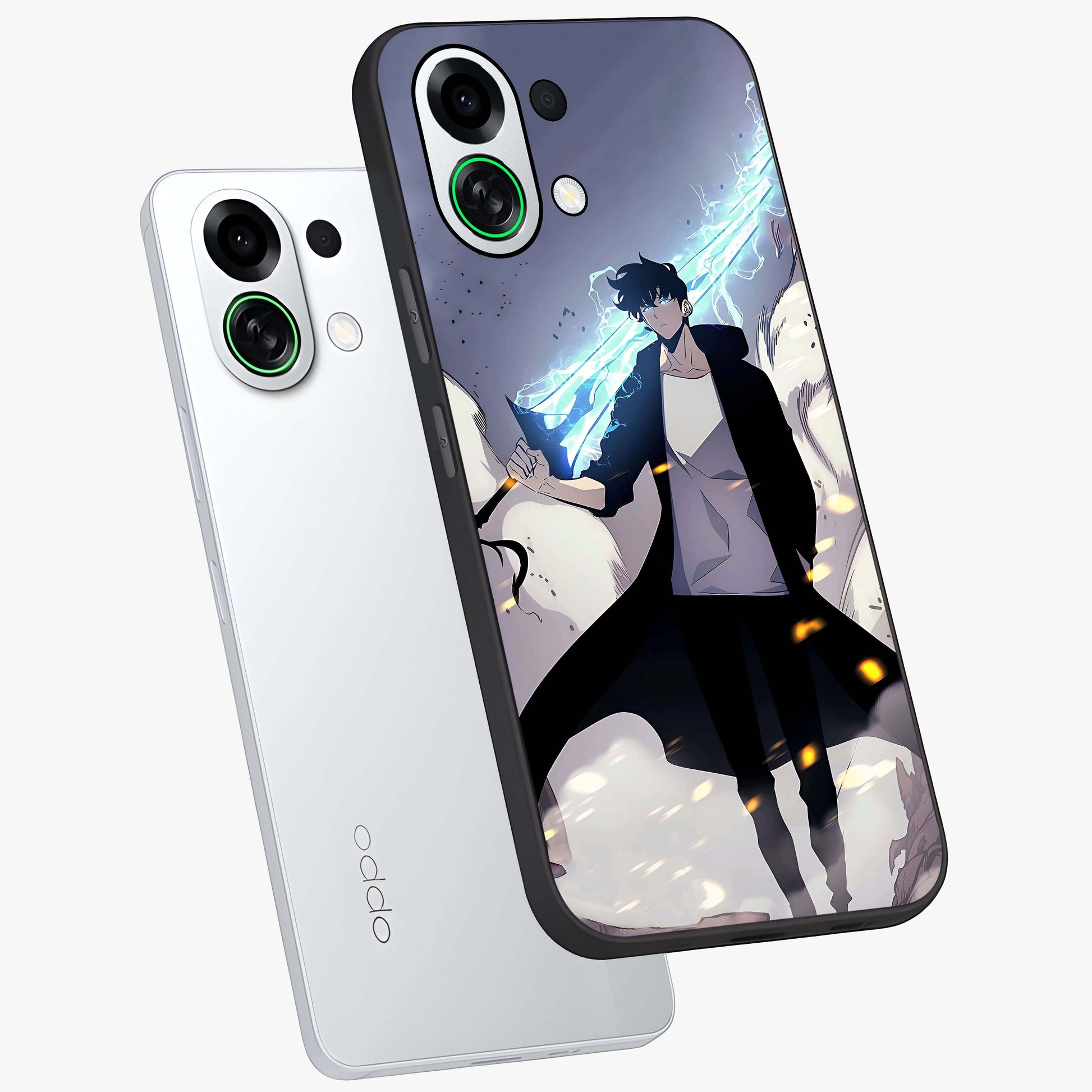 Dark Lightning Anime Warrior Glass Case displayed in angled mockup highlighting powerful lightning themed anime illustration.