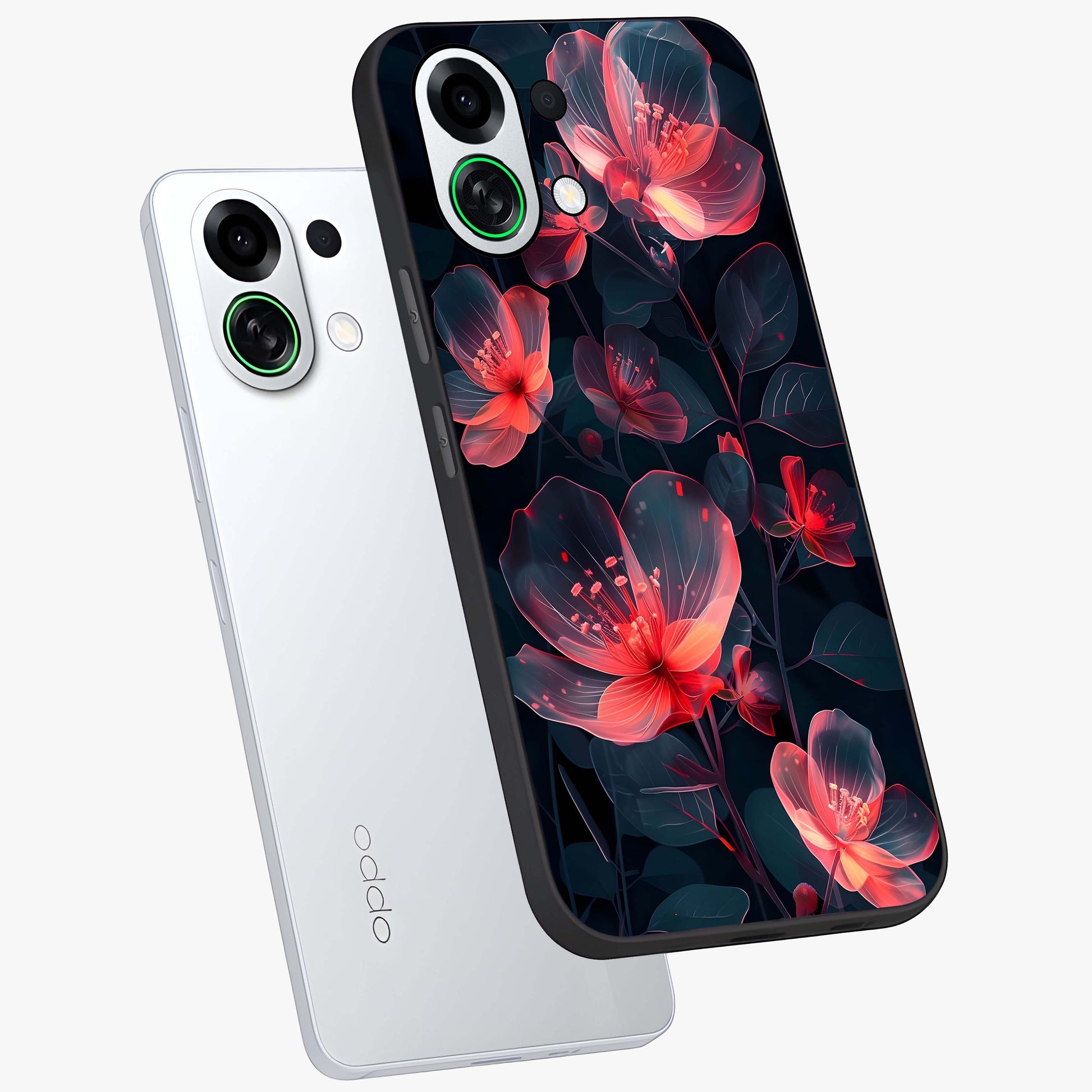 Dark Shade of Flower Glass Case displayed in angled mockup highlighting moody floral illustration with aesthetic dark tones.