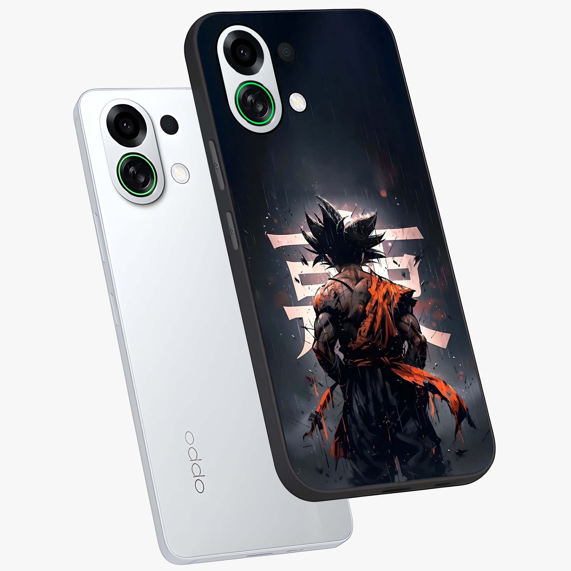 Dark Warrior In Rain Glass Case displayed in angled mockup highlighting dramatic warrior illustration with dark rain aesthetic.