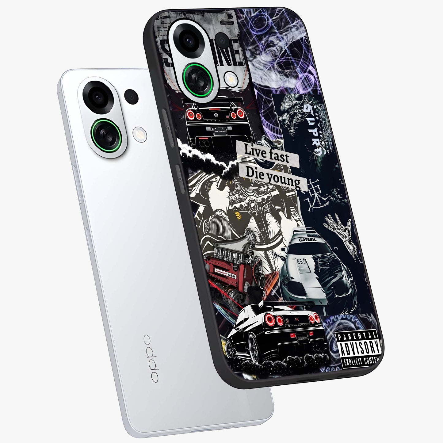 Die Young Glass Case displayed in angled mockup highlighting expressive graphic artwork with edgy aesthetic style.