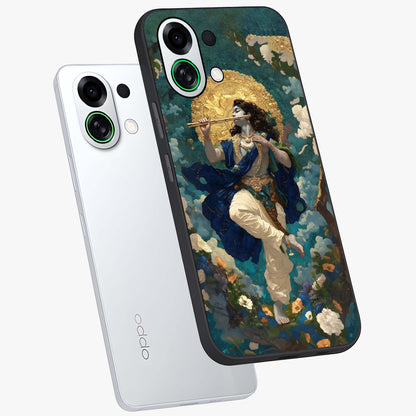 Divine Krishna Art Glass Case displayed in angled mockup highlighting spiritual Krishna illustration with devotional aesthetic.