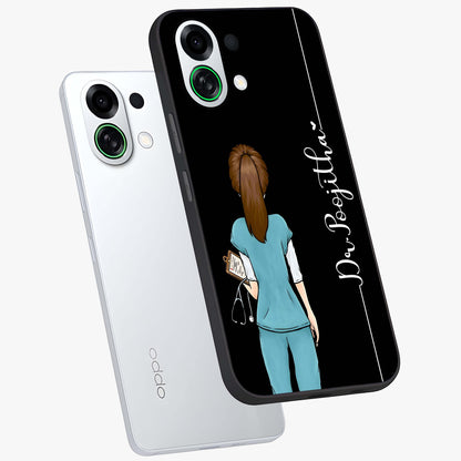 Doctor Pattern Custom Name Glass Case displayed in angled mockup highlighting doctor inspired artwork with custom name feature.