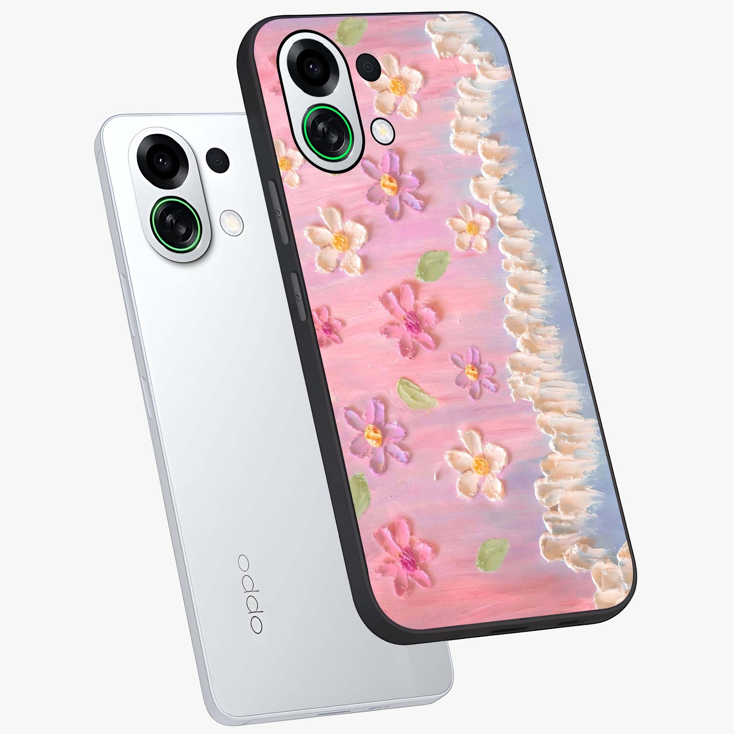 Dreamy Painted Garden Glass Case displayed in angled mockup highlighting colorful garden illustration with dreamy aesthetic style.