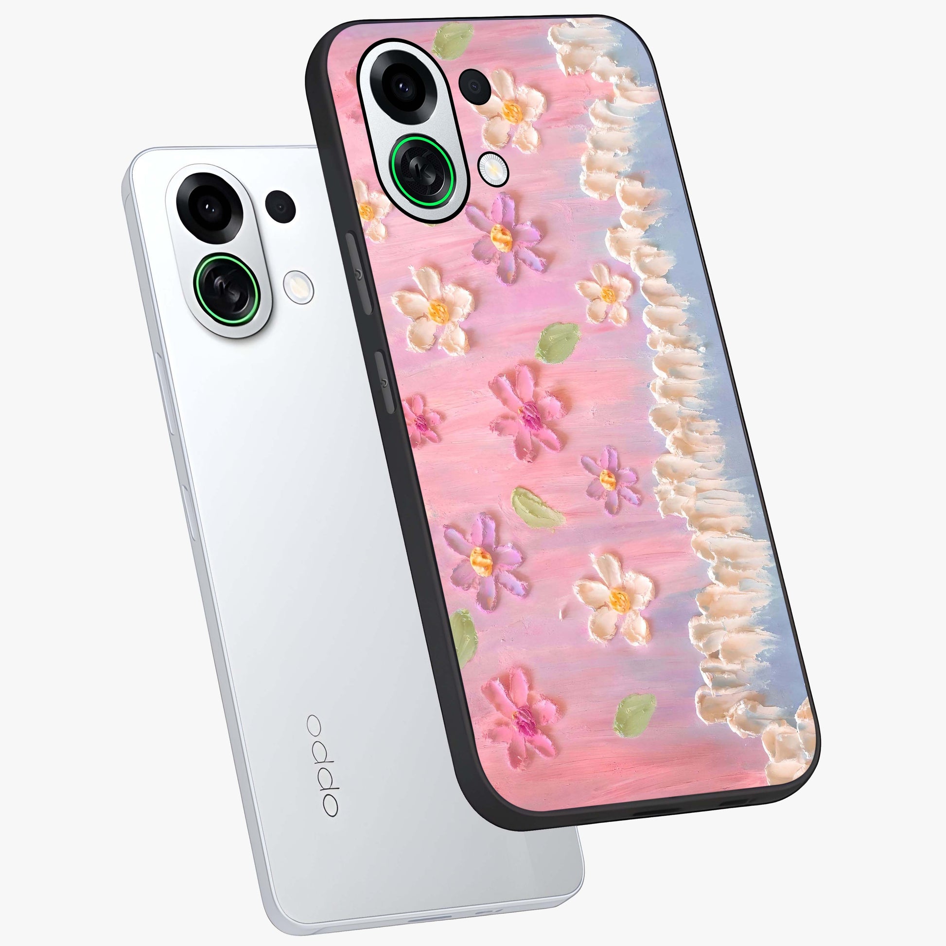 Dreamy Painted Garden Glass Case displayed in angled mockup highlighting colorful garden illustration with dreamy aesthetic style.