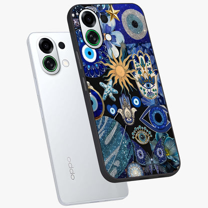 Evil Eye Charm Mix Glass Case displayed in angled mockup highlighting protective evil eye symbols with spiritual aesthetic design.