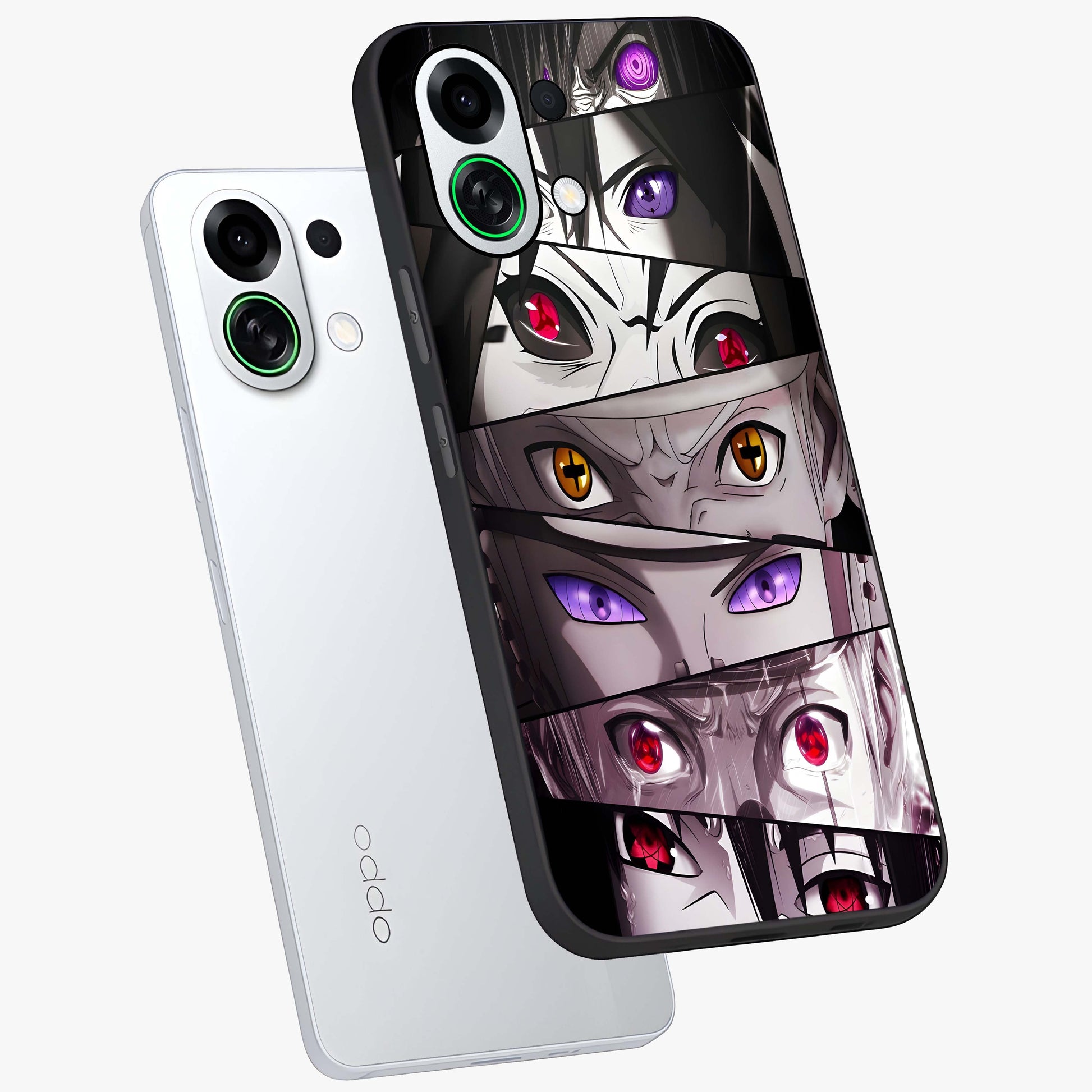 Eyes of Destiny Glass Case displayed in angled mockup highlighting bold eye illustration with mystical aesthetic style.