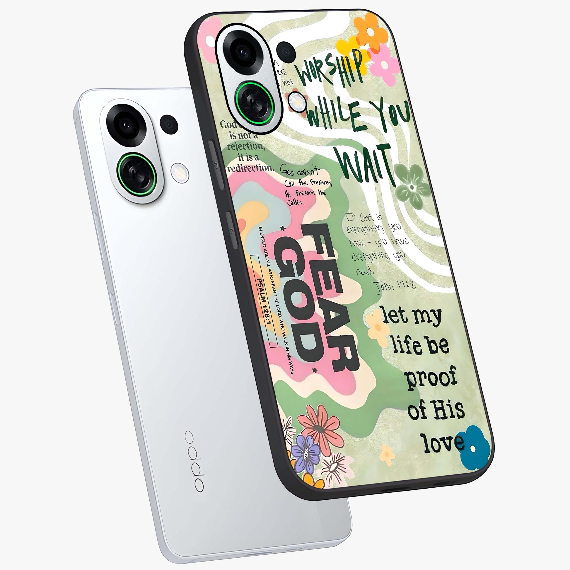 Faith Over Fear Glass Case displayed in angled mockup highlighting inspirational message design with modern aesthetic style.