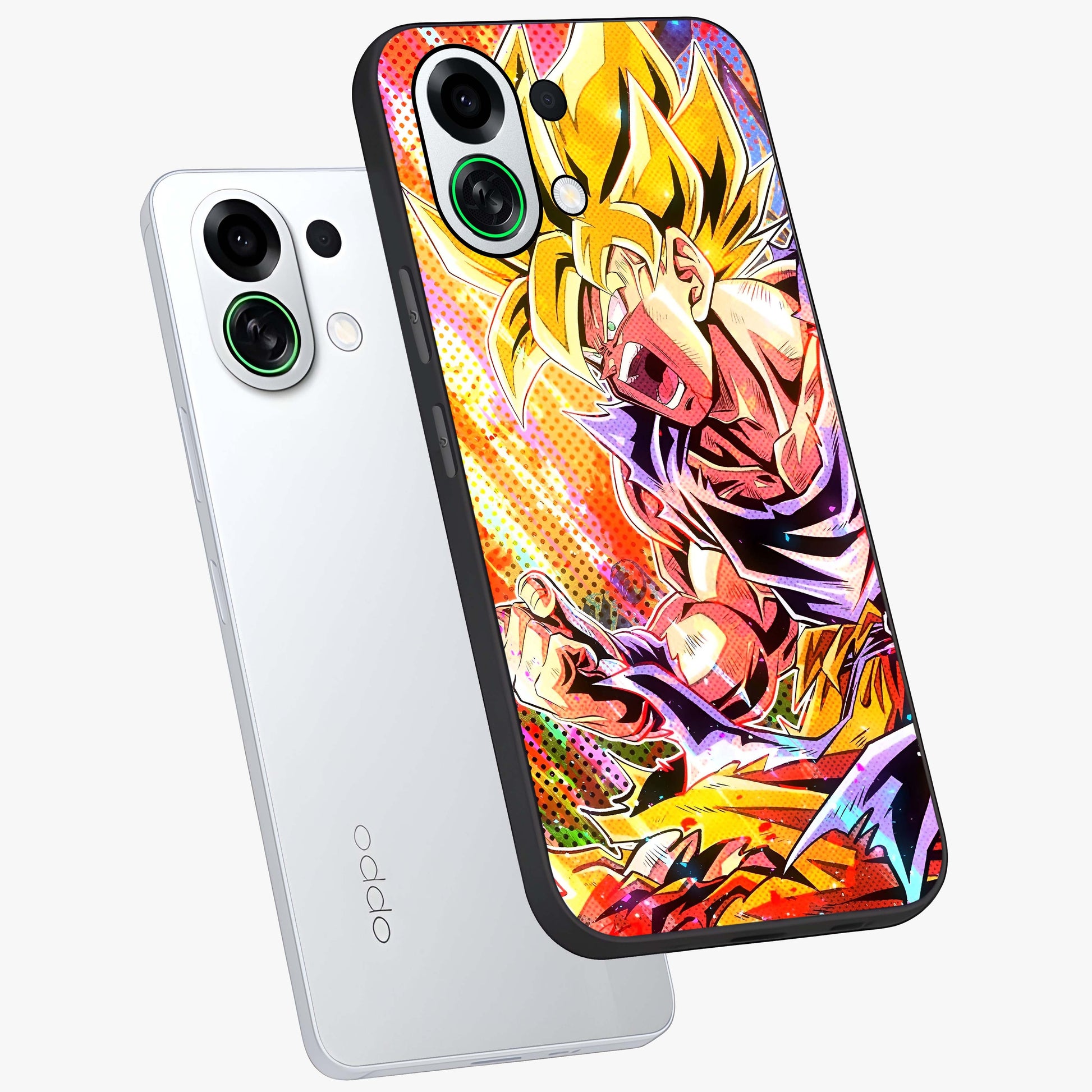 Firing Goku Glass Case displayed in angled mockup highlighting dynamic anime character design with action aesthetic.
