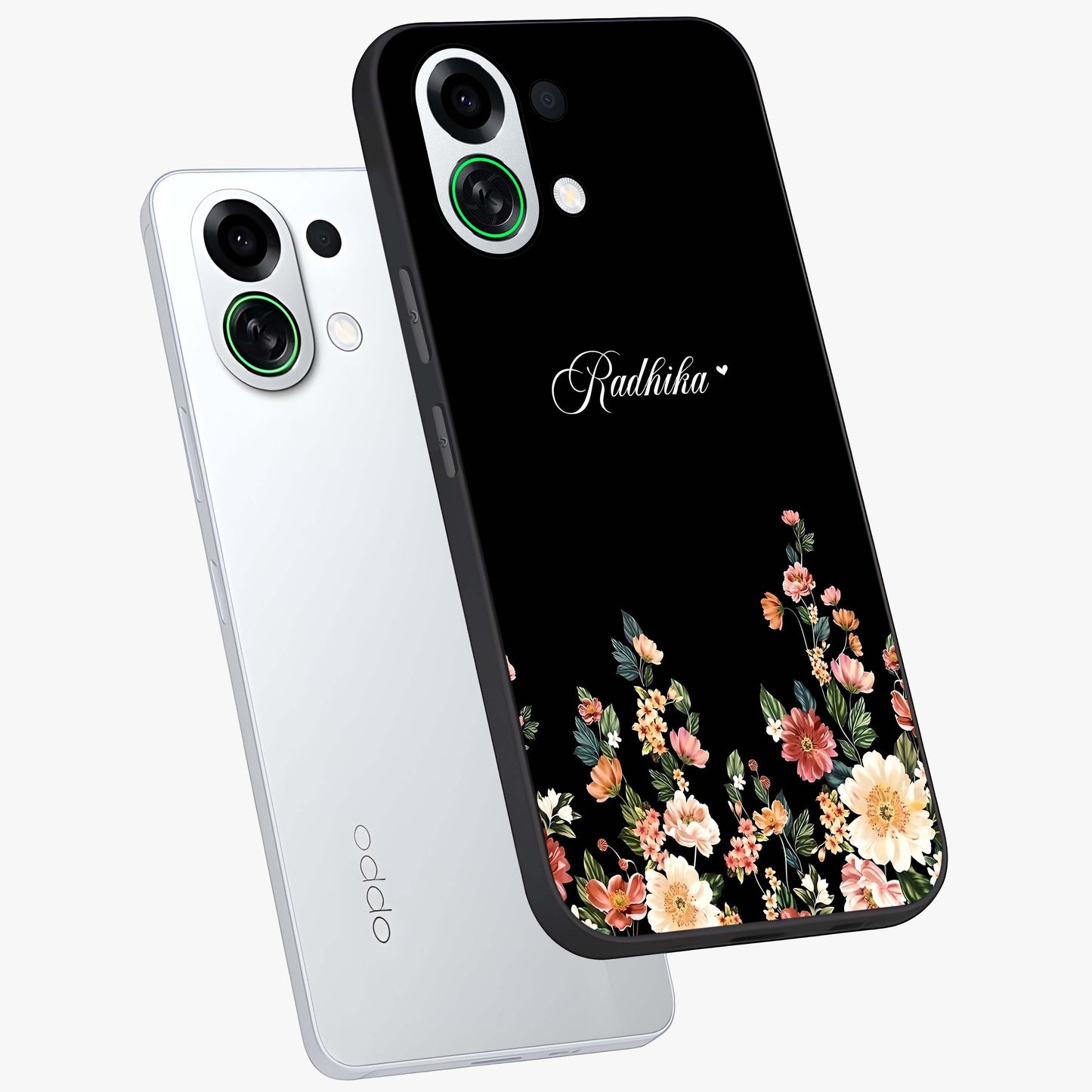 Floral Design With a Custom Personalized Name Glass Case displayed in angled mockup highlighting elegant floral pattern with custom name feature.