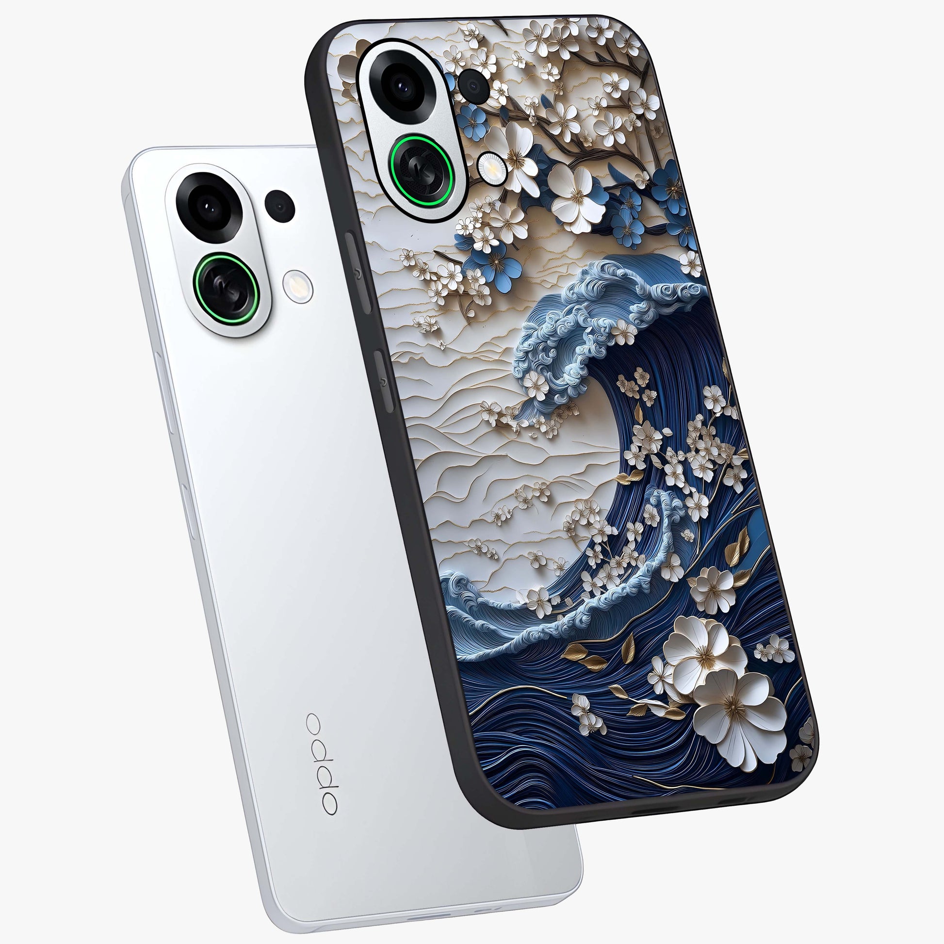 Floral Wave Origami Glass Case displayed in angled mockup highlighting geometric origami flower design with modern aesthetic style.
