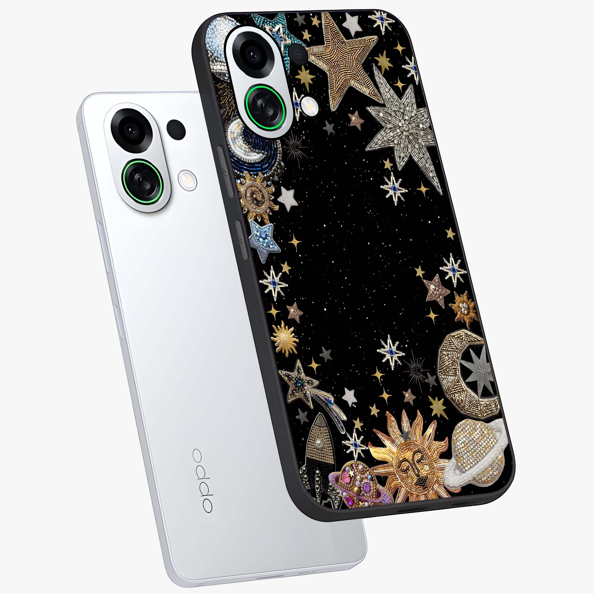 Galactic Jewel Stars Glass Case displayed in angled mockup highlighting shining celestial star design with cosmic aesthetic style.