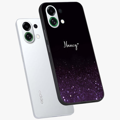 Glittery Purple Bokeh Custom Name Glass Case displayed in angled mockup highlighting glitter bokeh pattern with custom name feature.