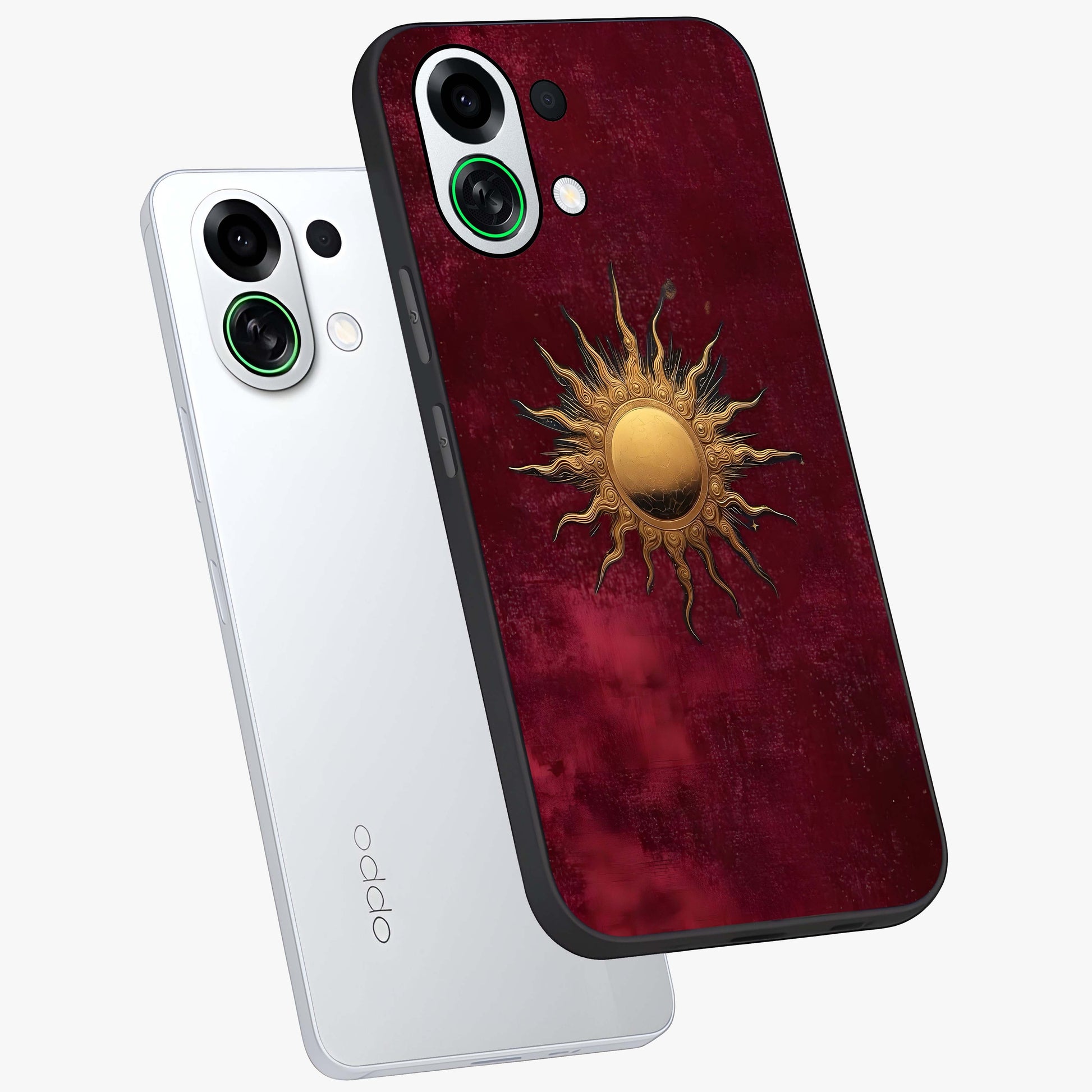 Golden Sun Minimalism Glass Case displayed in angled mockup highlighting clean sun symbol design with modern minimal aesthetic.