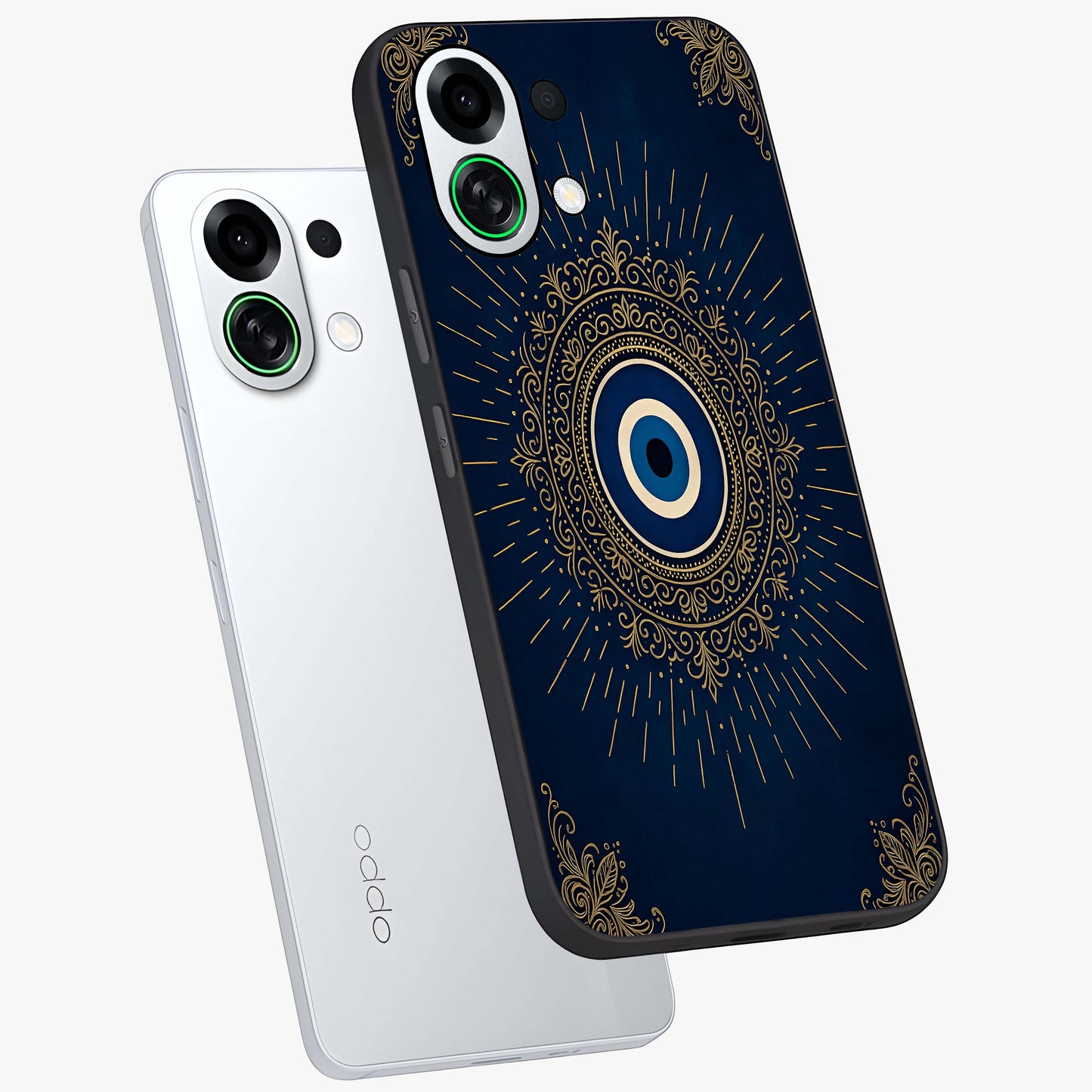Golden Celestial Charm Glass Case displayed in angled mockup highlighting sparkling cosmic charm design with celestial aesthetic.